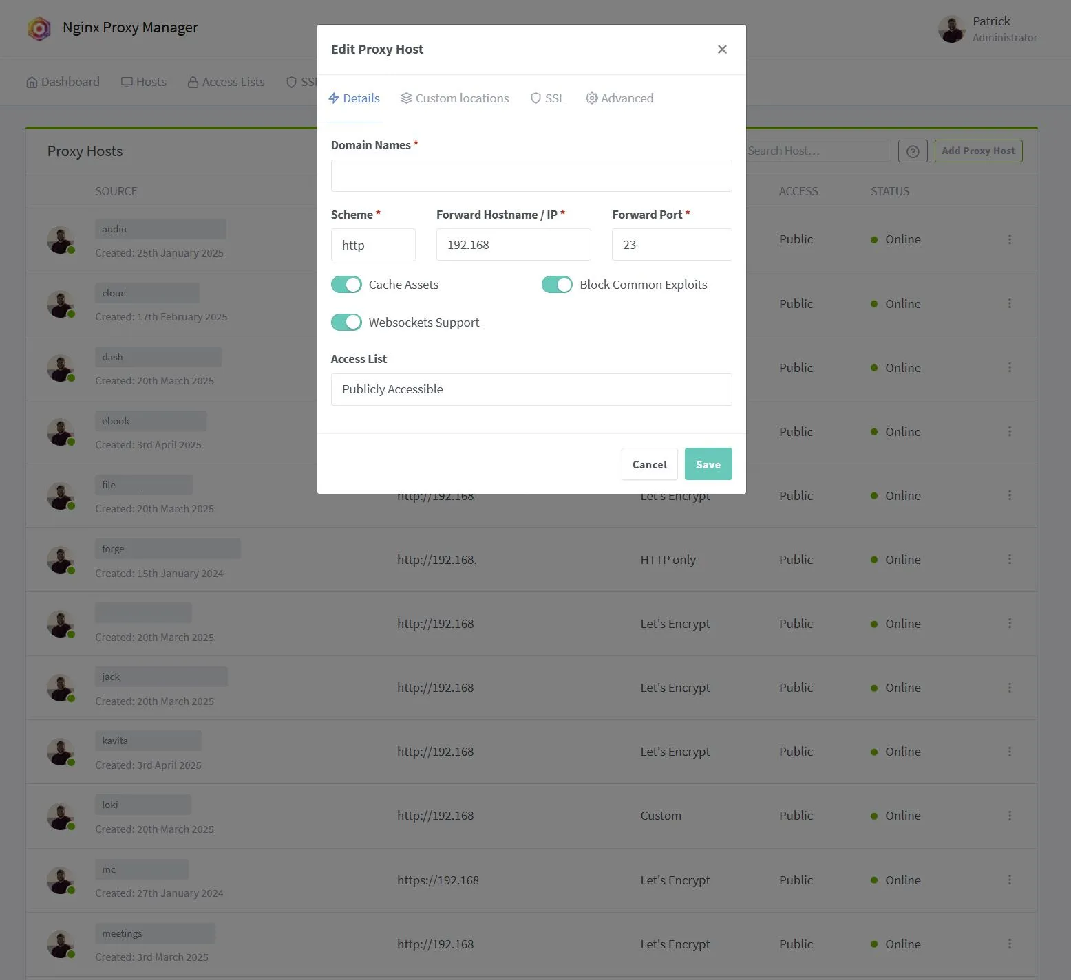 Alt: Giao diện Nginx Proxy Manager khi đang thiết lập một máy chủ mới, minh họa khả năng quản lý proxy dễ dàng.