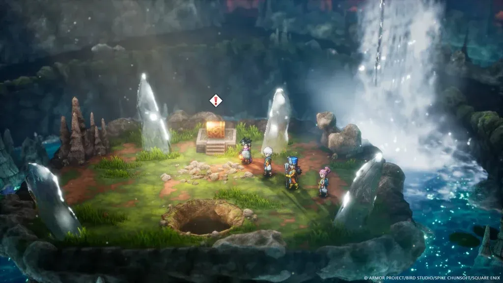alt: Hình ảnh teaser của Dragon Quest III HD-2D Remake với đồ họa pixel art 2D cho nhân vật và môi trường 3D chi tiết, ánh sáng hiện đại, thể hiện phong cách HD-2D.