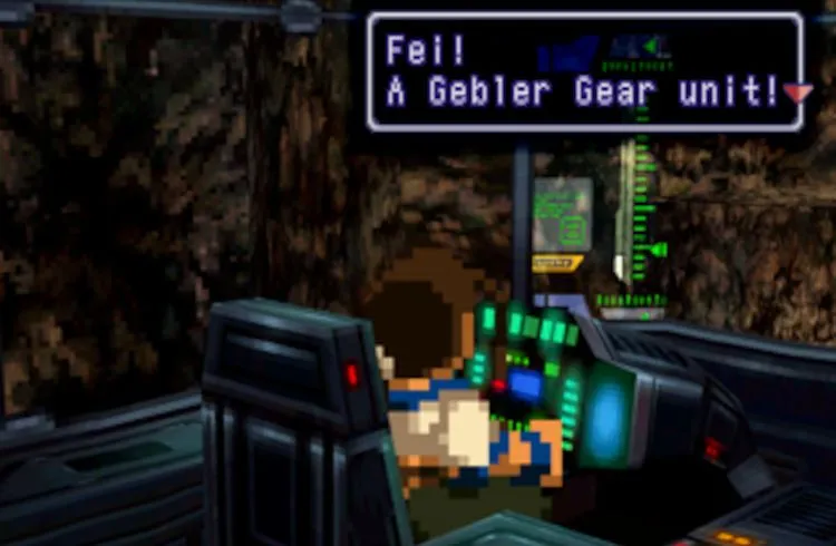alt: Nhân vật Fei Fong Wong của game Xenogears với đồ họa sprite 2D nổi bật trên nền môi trường 3D chi tiết, minh họa phong cách 2.5D kinh điển.