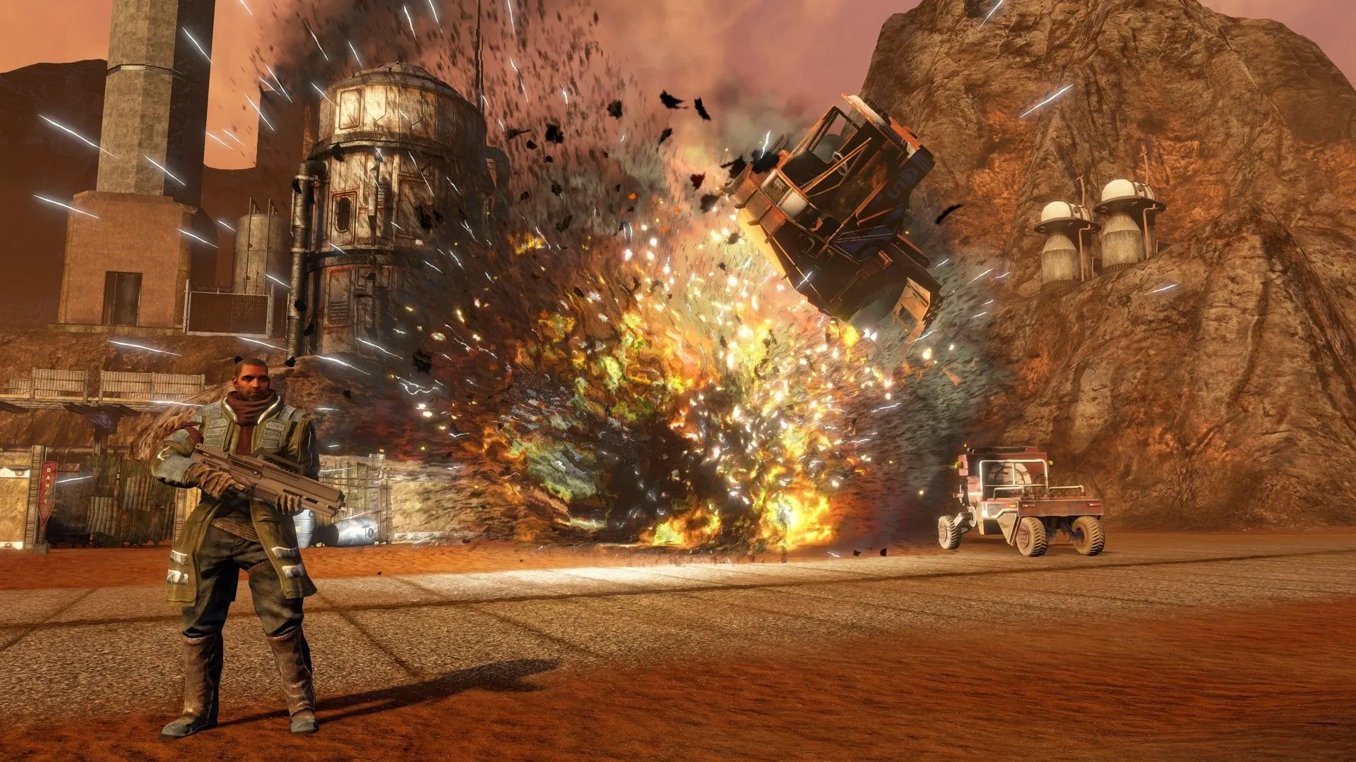 Ảnh chụp màn hình game Red Faction: Guerilla, một ví dụ tiêu biểu về game có môi trường phá hủy toàn diện.
