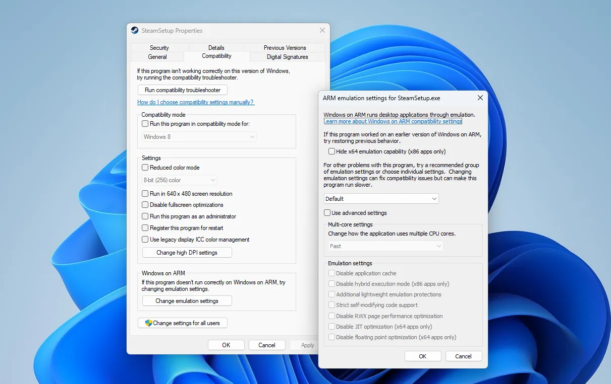 Ảnh chụp màn hình tùy chọn tương thích và cài đặt giả lập trong Windows trên kiến trúc ARM