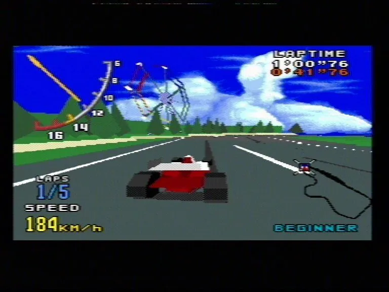 Ảnh màn hình game Virtua Racing trên Sega Genesis, thể hiện hiệu ứng 3D từ chip Virtua Processor