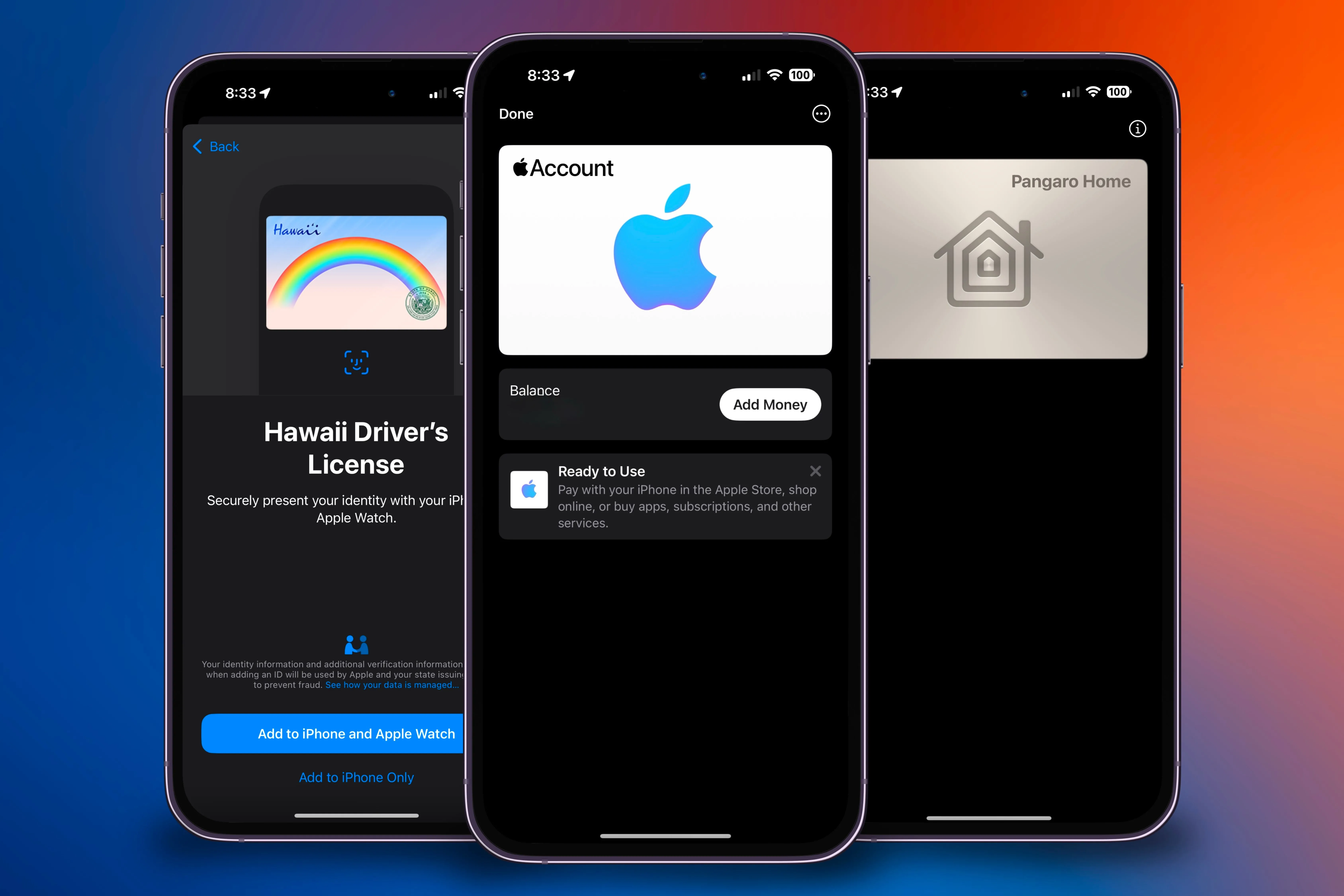 Ba chiếc iPhone hiển thị các loại thẻ được hỗ trợ trong Apple Wallet, bao gồm bằng lái xe và thẻ tín dụng, minh họa sự đa dạng.