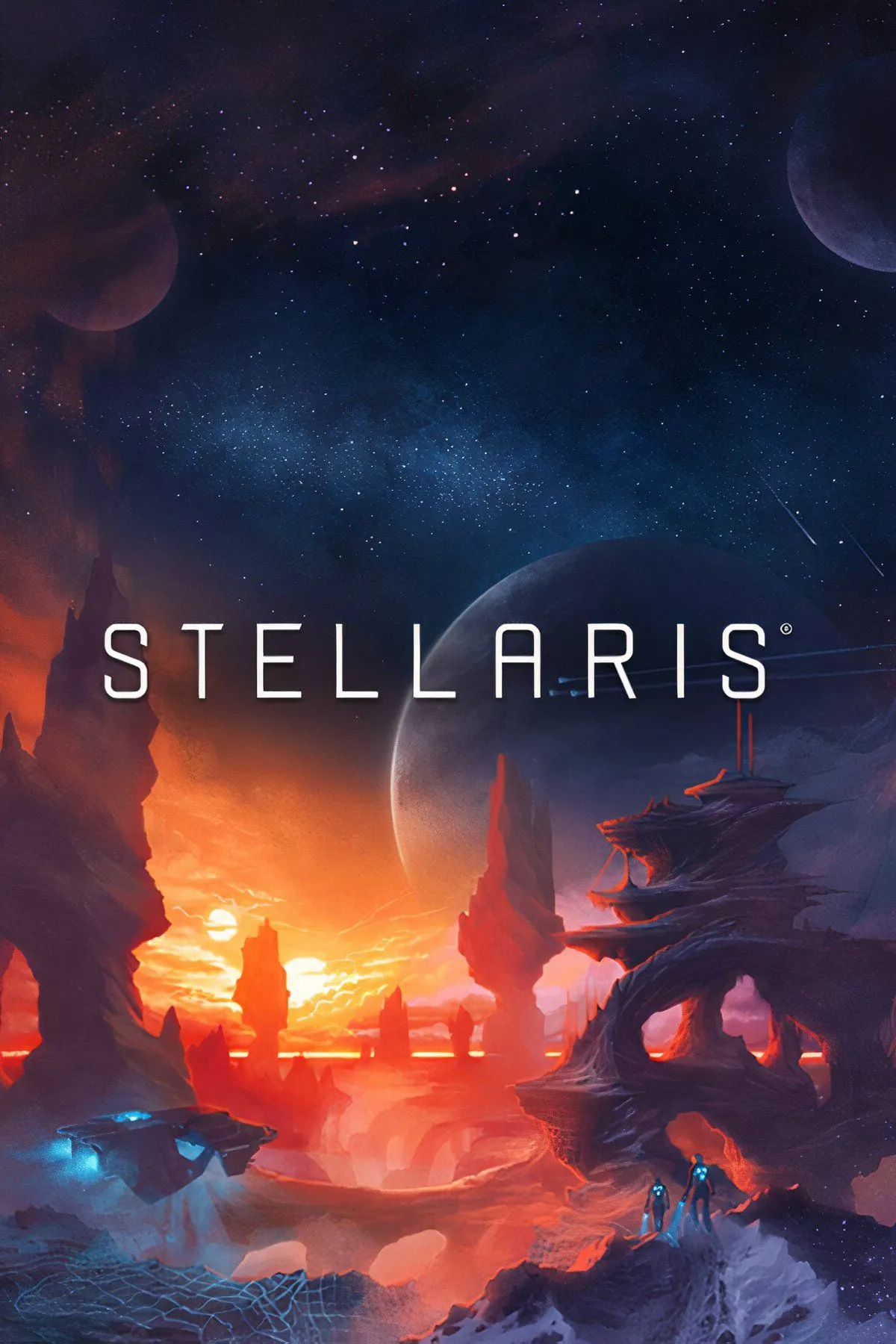 Bản đồ thiên hà trong game chiến thuật Stellaris, hiển thị các đế chế không gian, biên giới và hành tinh