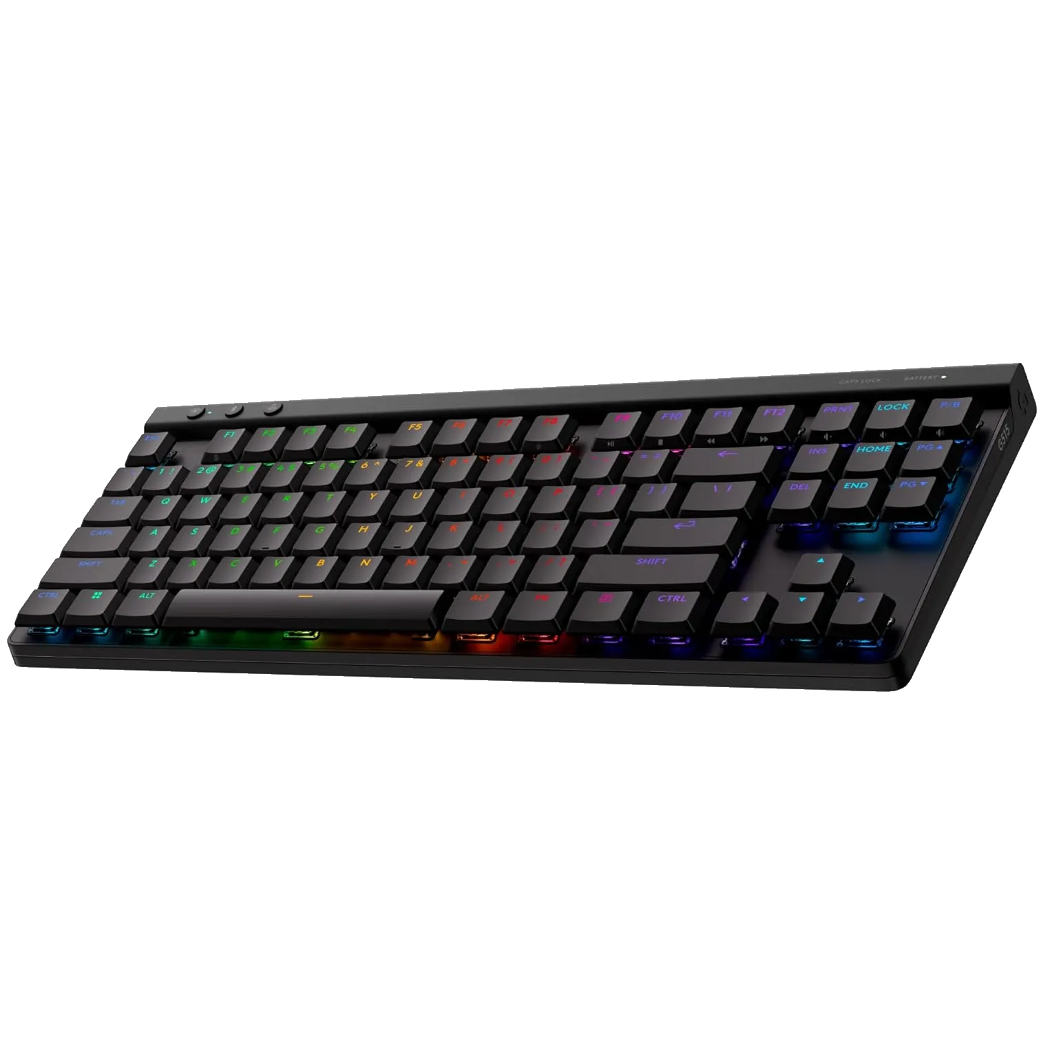 Bàn phím Logitech G515 Lightspeed TKL nhìn từ góc cạnh, làm nổi bật thiết kế mỏng nhẹ và các phím cơ low-profile, tối ưu cho cả làm việc và chơi game trên hệ điều hành Mac.