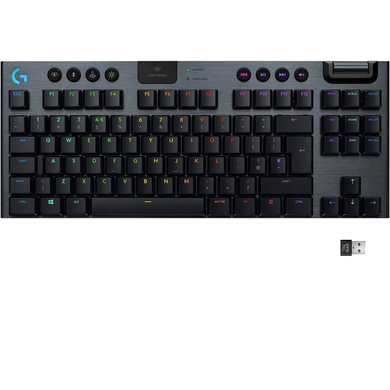 Bàn phím Logitech G915 Lightspeed TKL với đèn nền RGB bật sáng, minh họa công nghệ không dây Lightspeed tốc độ cao và thiết kế siêu mỏng.