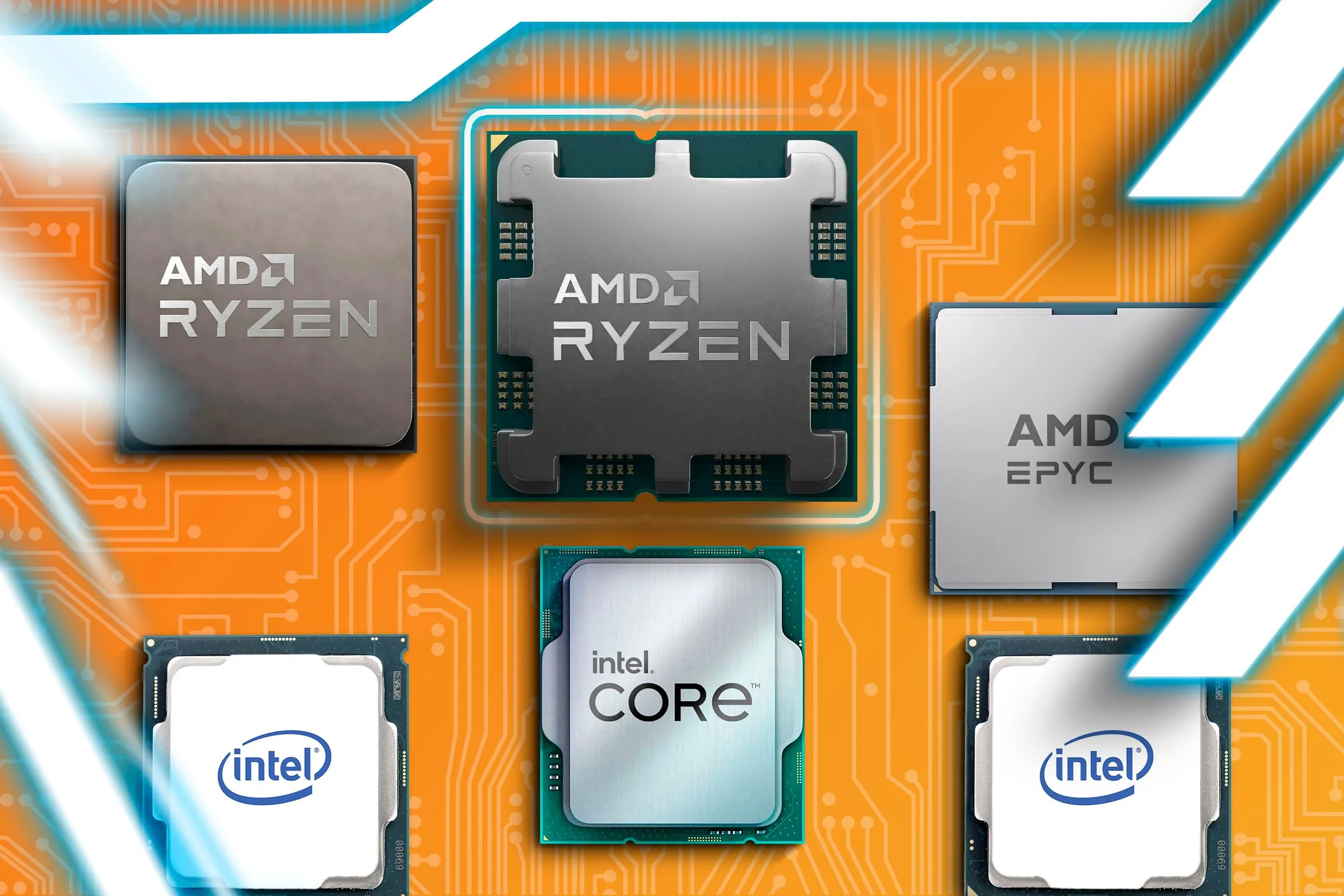 Bề mặt với một số chip CPU Intel và AMD cùng các mạch điện tử ở phía sau.