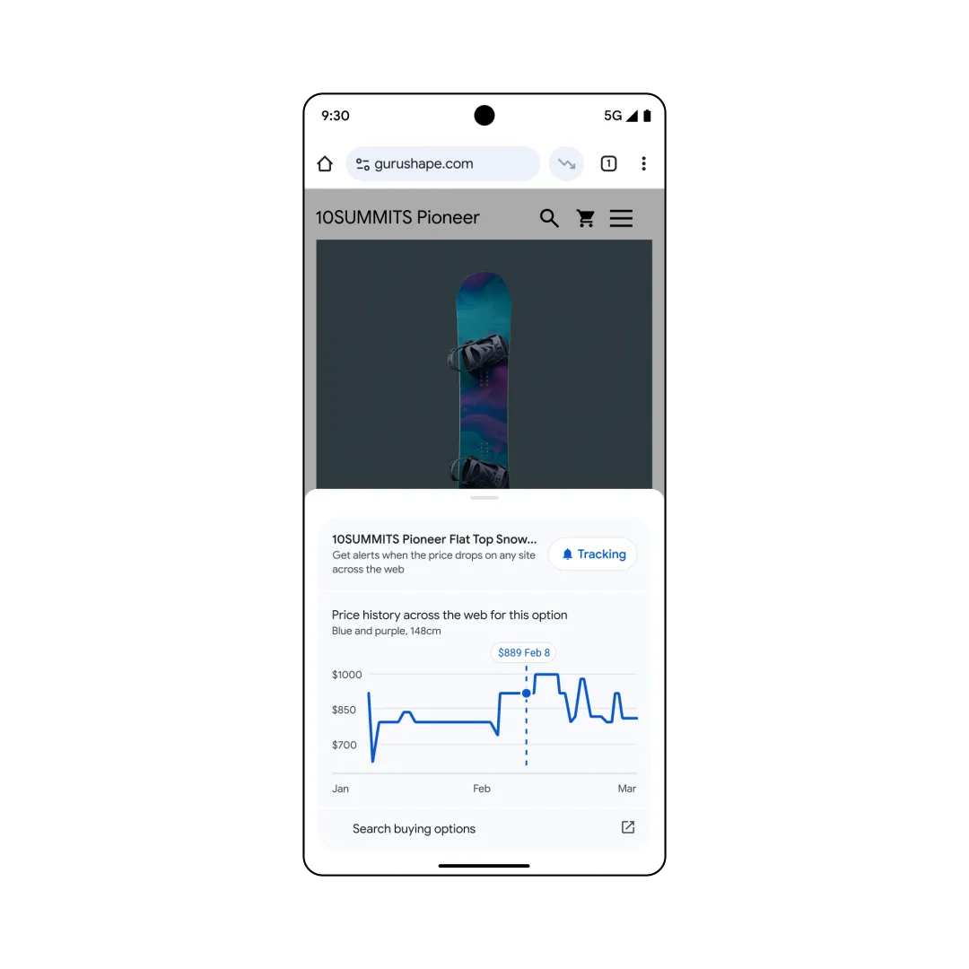 Biểu đồ lịch sử giá và thông tin mua sắm thông minh được tích hợp trong trình duyệt Chrome trên Android