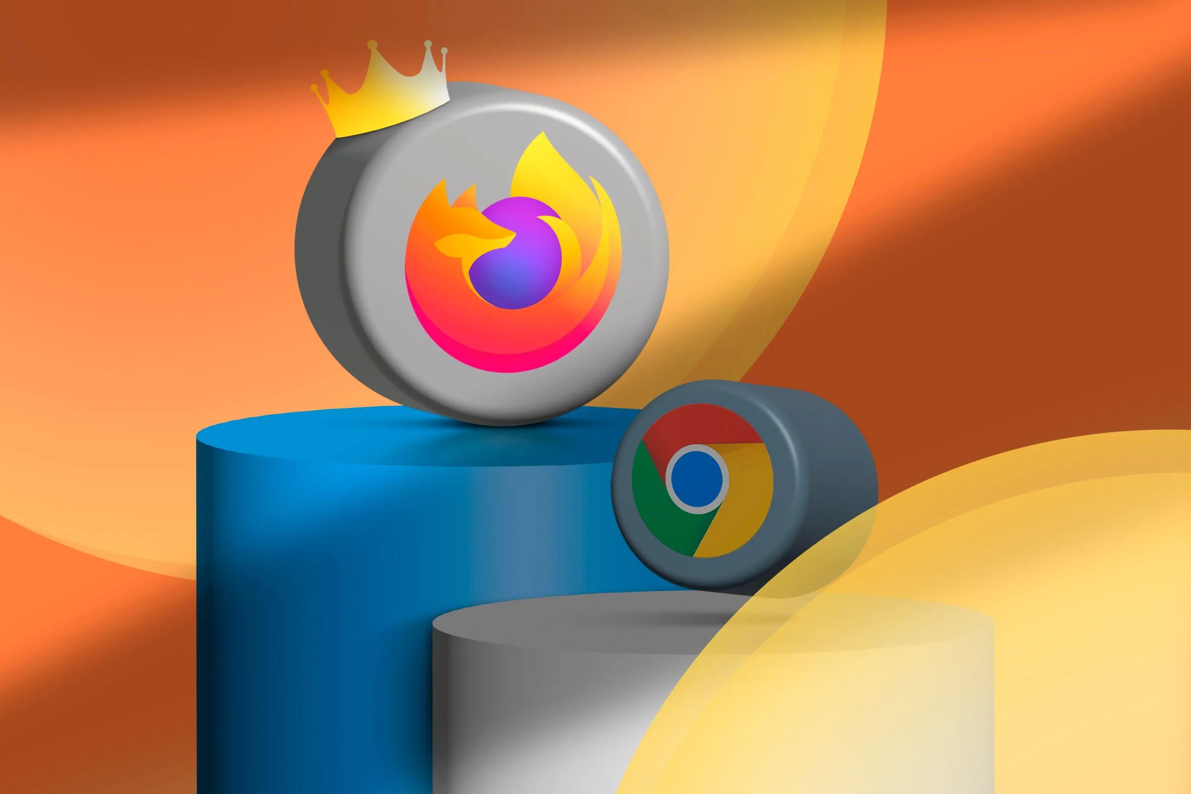 Biểu tượng Firefox đội vương miện trên bục vinh quang, thể hiện ưu thế của Firefox so với Chrome trong các tính năng mới.