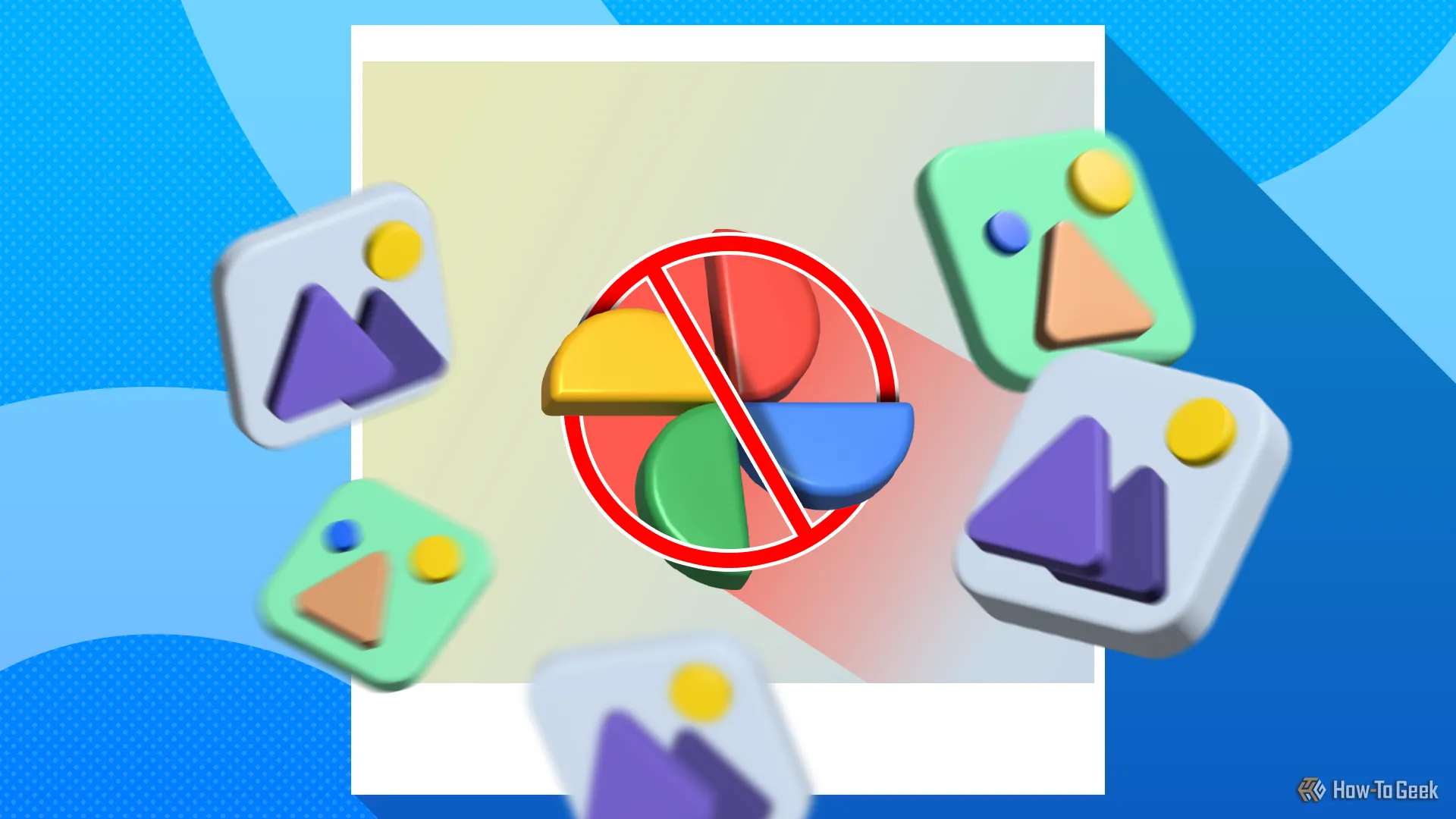 Biểu tượng Google Photos bị gạch chéo, xung quanh là các hình ảnh thu nhỏ, tượng trưng cho việc từ bỏ dịch vụ.