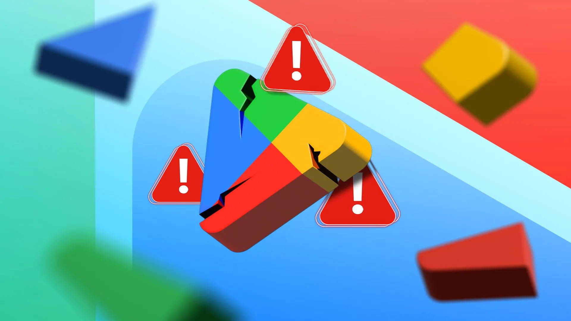 Biểu tượng Google Play Store bị nứt, tượng trưng cho những vấn đề trong việc hiển thị và phát hiện game chất lượng cao trên cửa hàng ứng dụng Android.