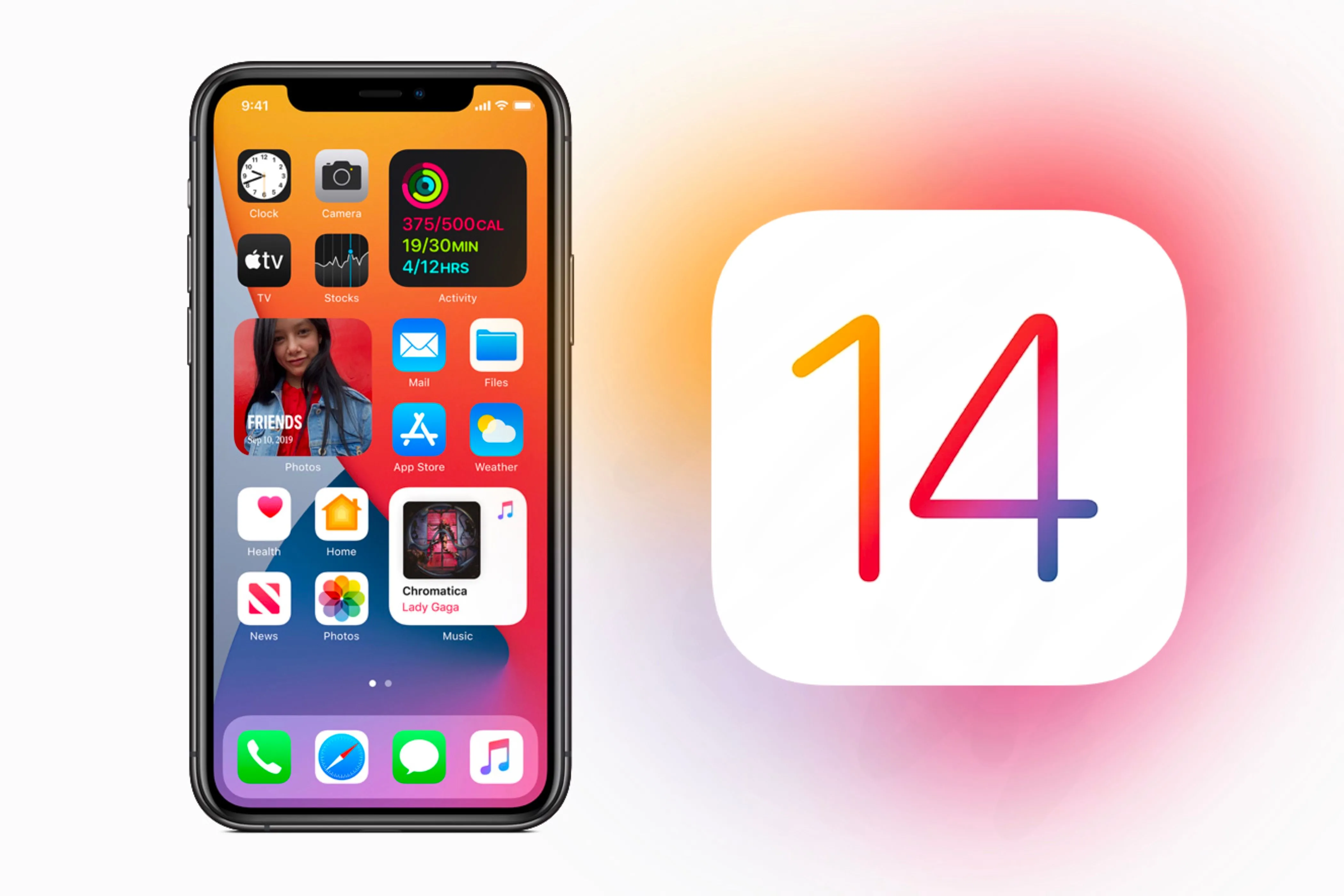 Biểu tượng iOS 14 bên cạnh màn hình iPhone hiển thị các widget và tùy chỉnh màn hình chính