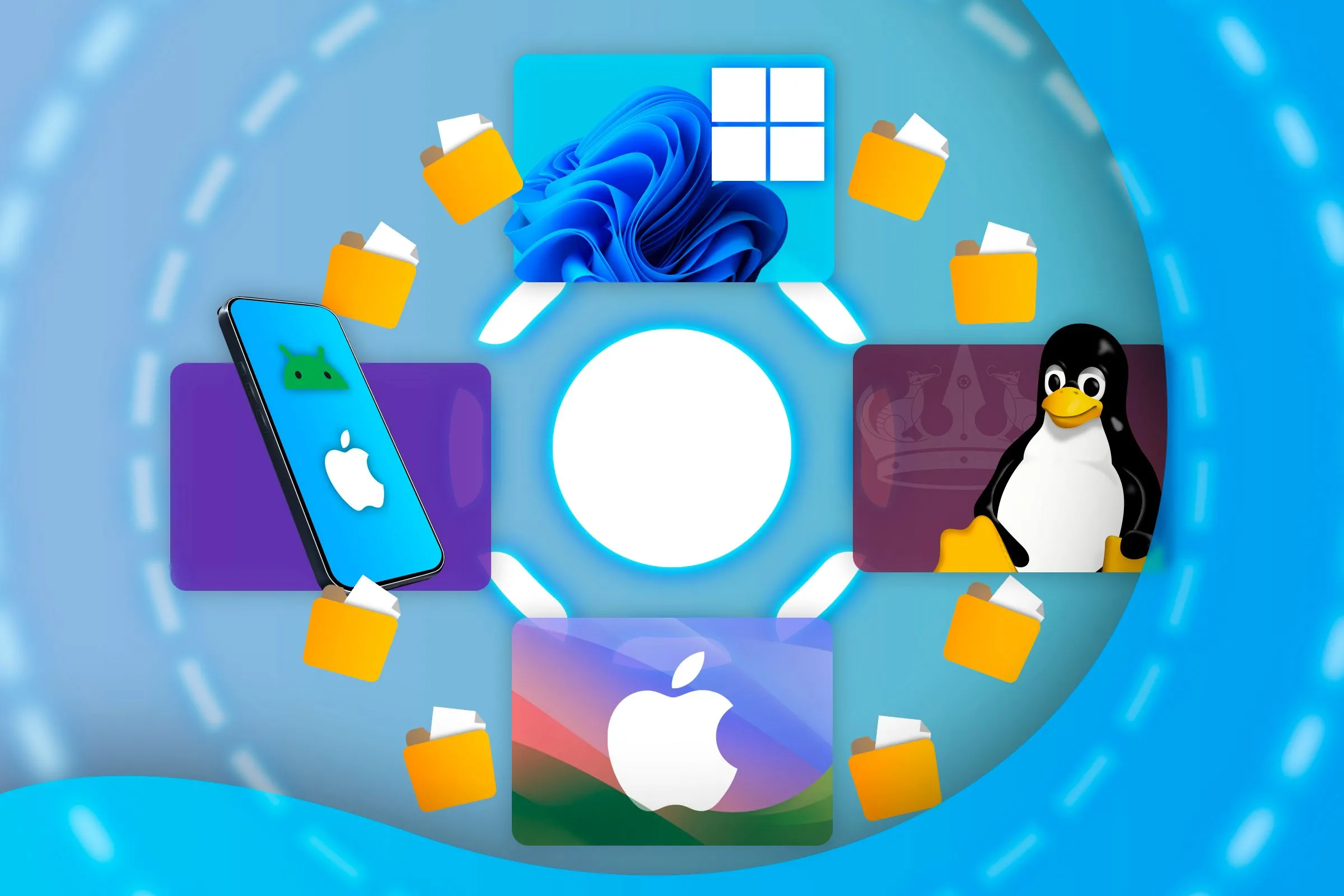 Biểu tượng LocalSend ở trung tâm, bao quanh là các logo Windows, macOS, Linux, Android và iOS, minh họa khả năng truyền tải tệp tin không dây đa nền tảng, hữu ích cho người dùng Steam Deck.