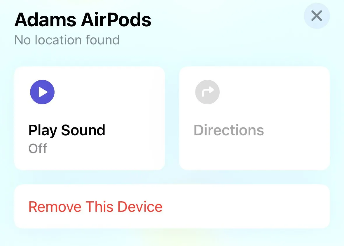 Biểu tượng &quot;Phát Âm Thanh&quot; cho AirPods trong ứng dụng Tìm (Find My) trên iPhone.