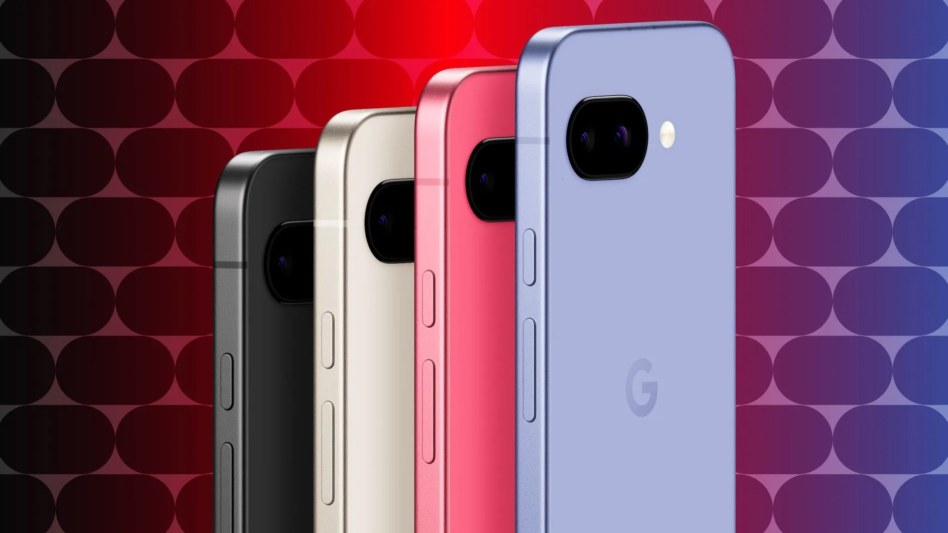Bộ sưu tập các màu sắc của Google Pixel 9a bao gồm đen, hồng, tím và trắng sứ