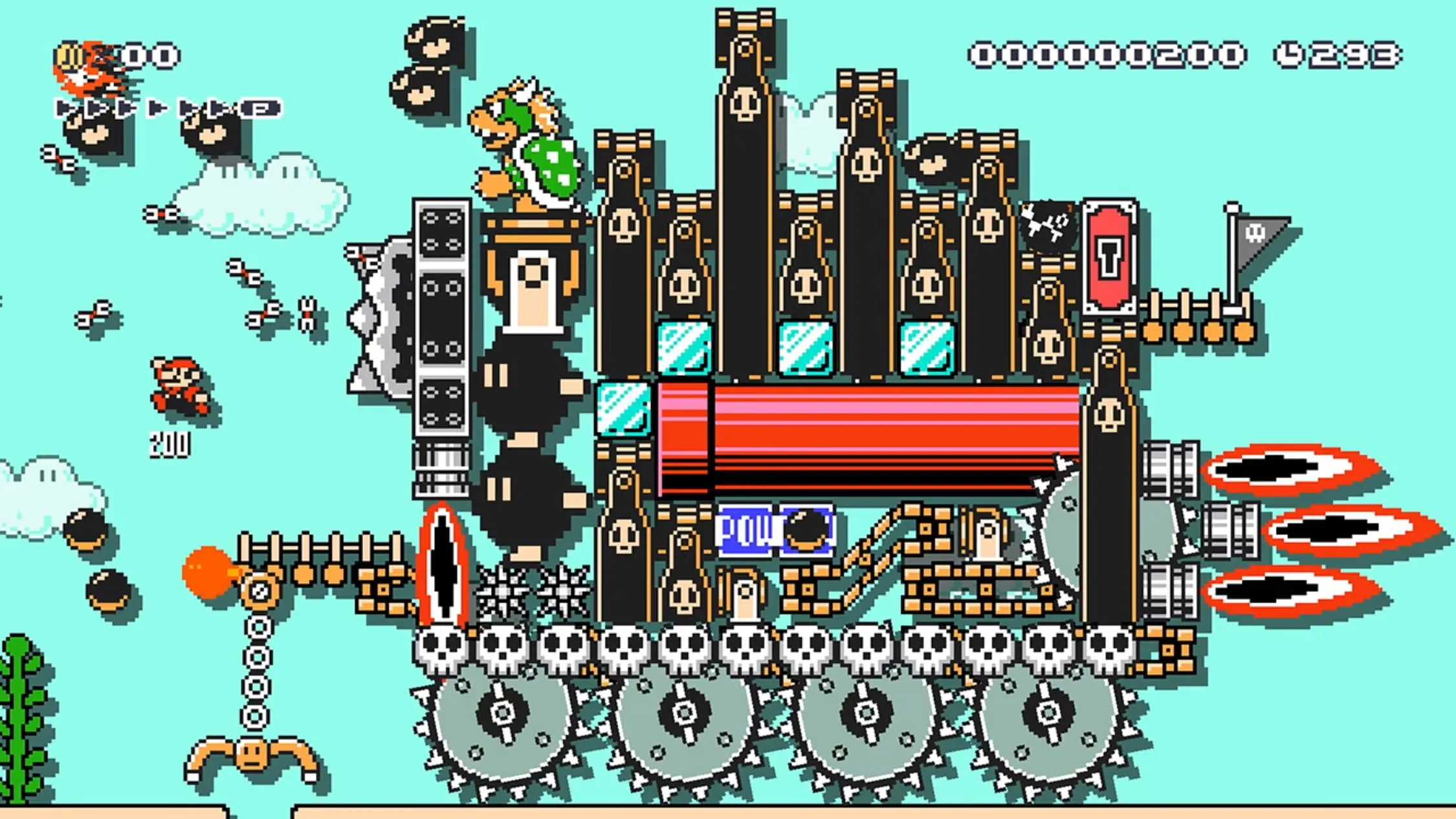 Bowser trên một cỗ máy đuổi theo Mario trong Super Mario Maker 2, thể hiện khả năng chỉnh sửa cấp độ