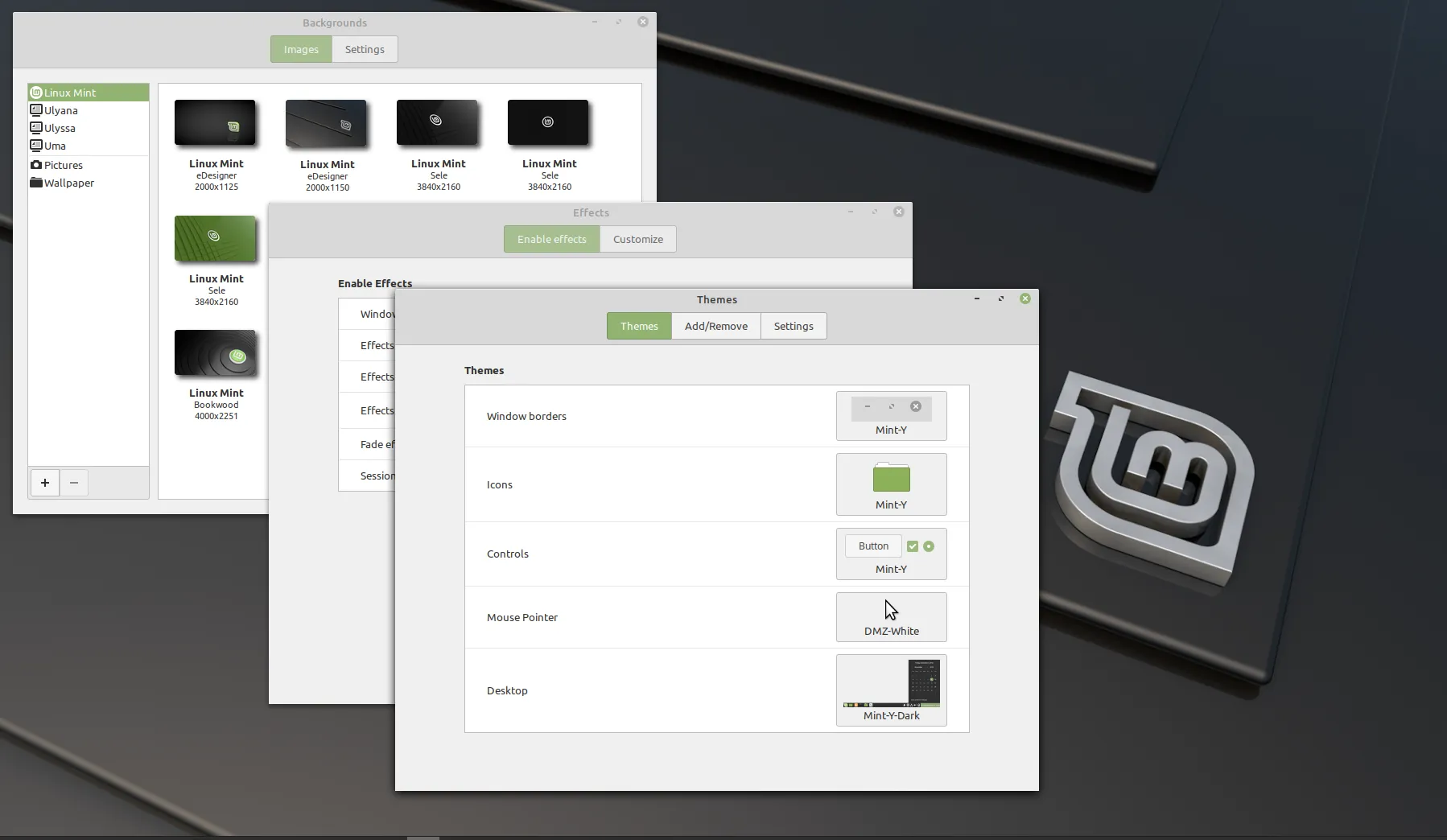 Các màn hình cài đặt để tùy chỉnh giao diện desktop Linux Mint Cinnamon, thể hiện khả năng cá nhân hóa cao.