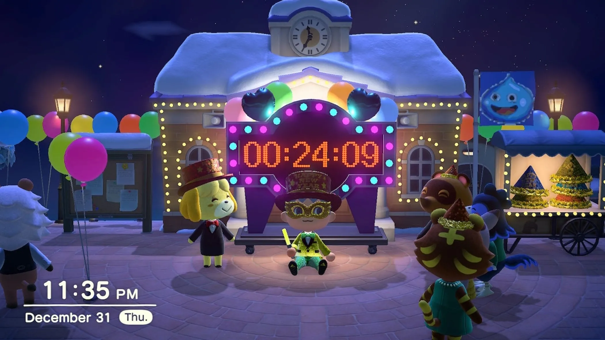 Các nhân vật Animal Crossing New Horizons đón năm mới trên hòn đảo, khung cảnh quen thuộc của game mô phỏng cuộc sống