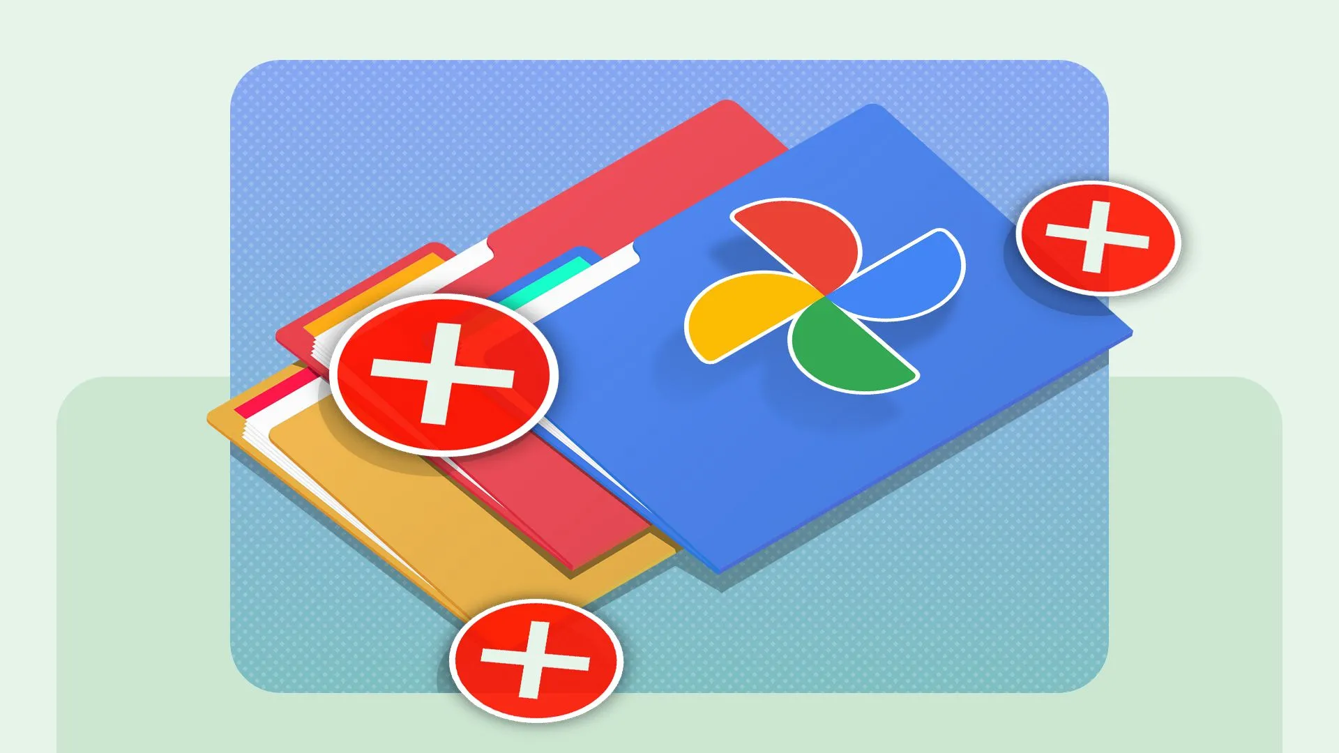 Các thư mục tài liệu với logo Google Photos và dấu X, biểu trưng cho quá trình di chuyển hoặc loại bỏ dữ liệu.