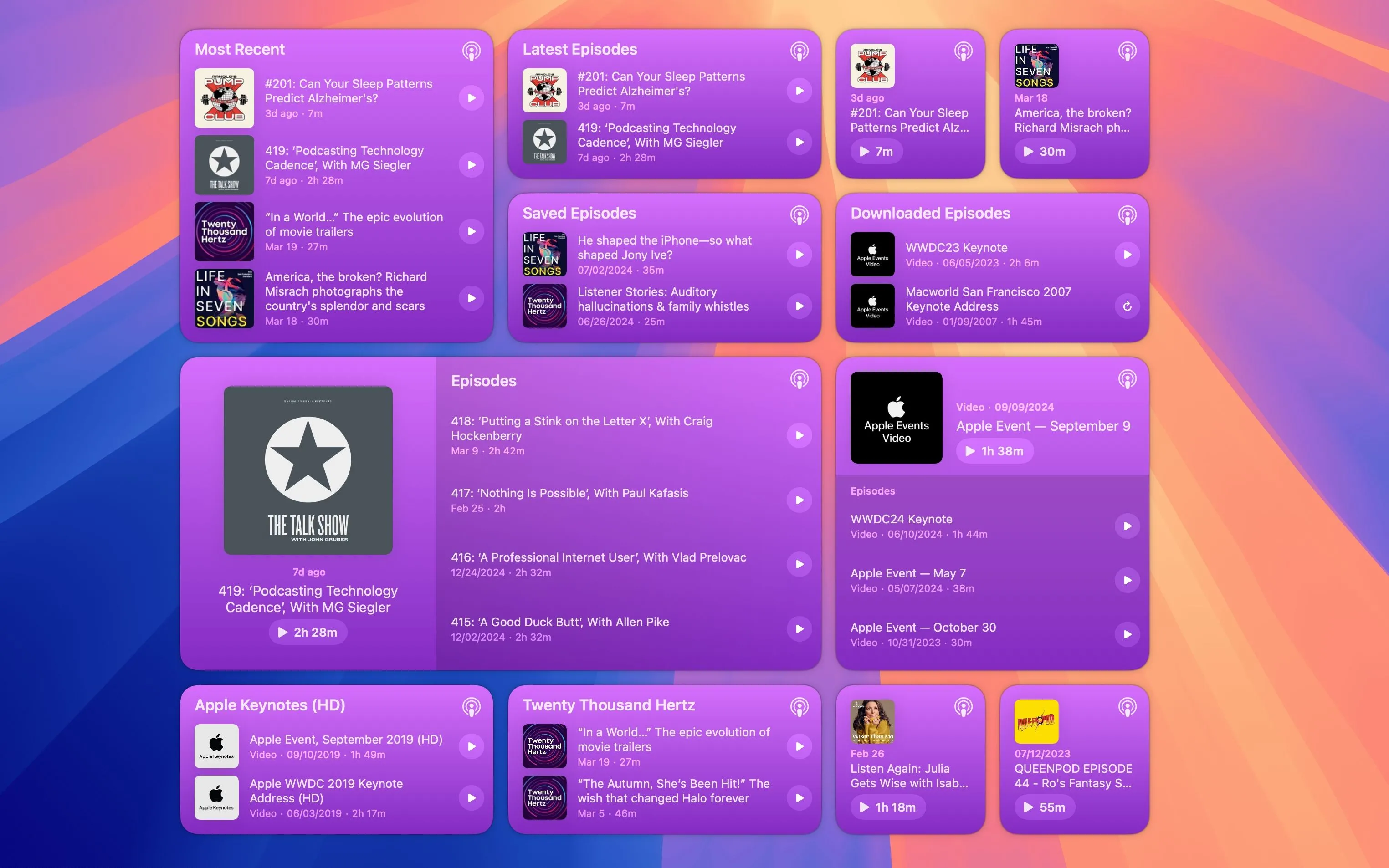 Các widget của ứng dụng Podcast của Apple trên màn hình macOS