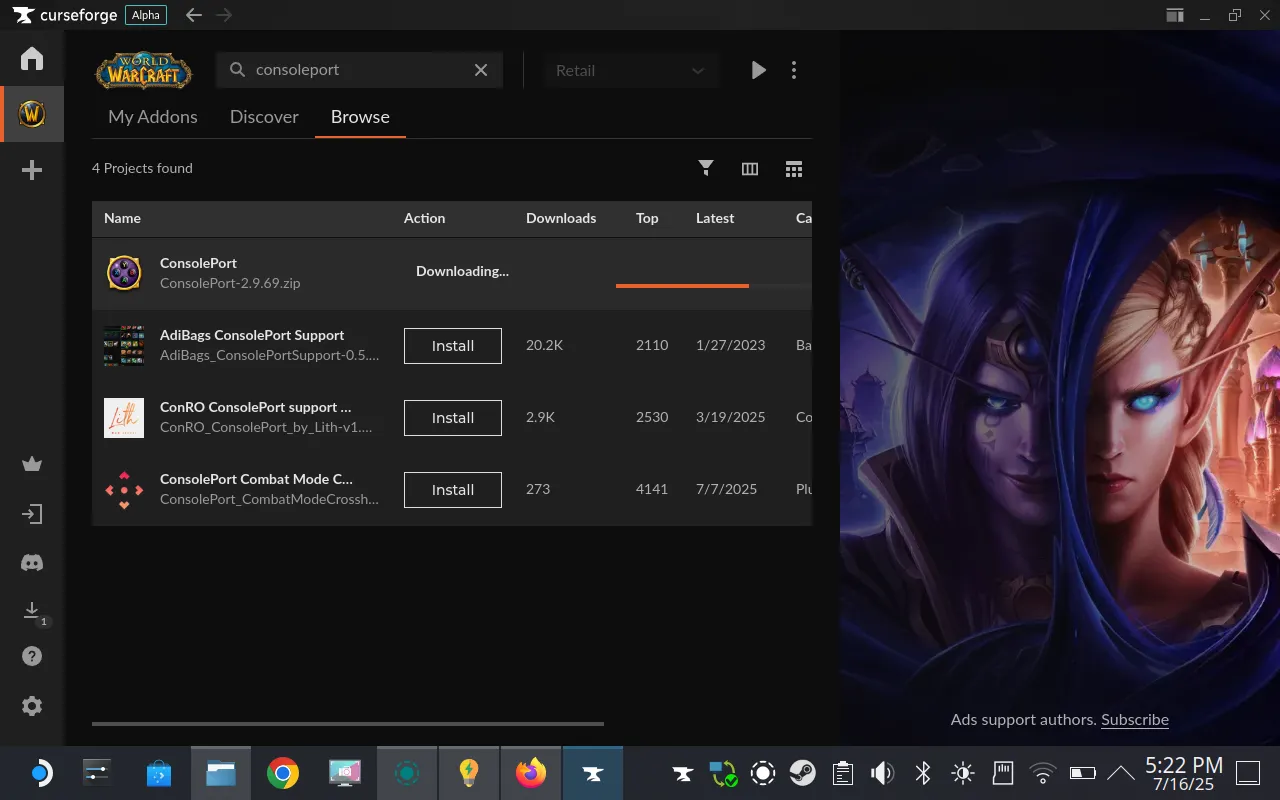 Cài đặt add-on ConsolePort cho World of Warcraft qua CurseForge trên Steam Deck.