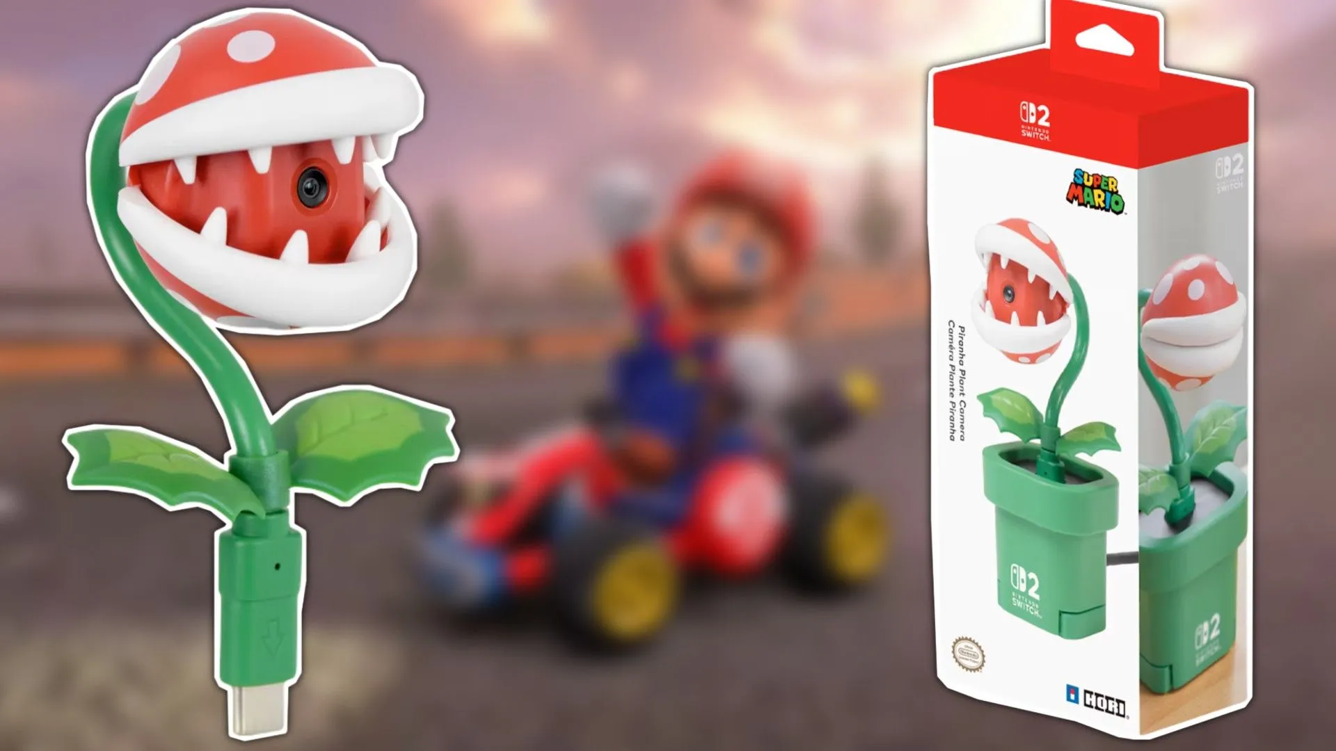 Camera Hori Piranha Plant cho Nintendo Switch 2 phía trước biểu tượng Mario từ Mario Kart World