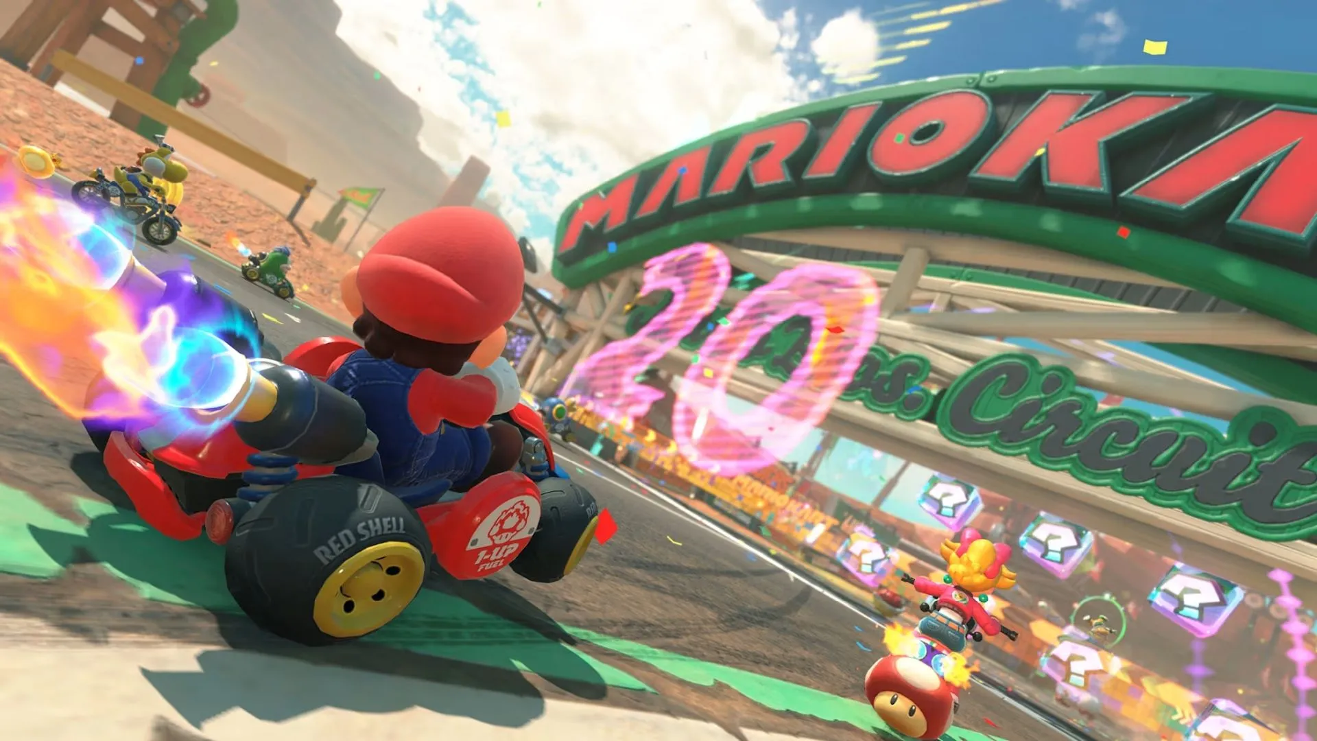 Cảnh đua tốc độ cao với các nhân vật Nintendo quen thuộc trong Mario Kart World.