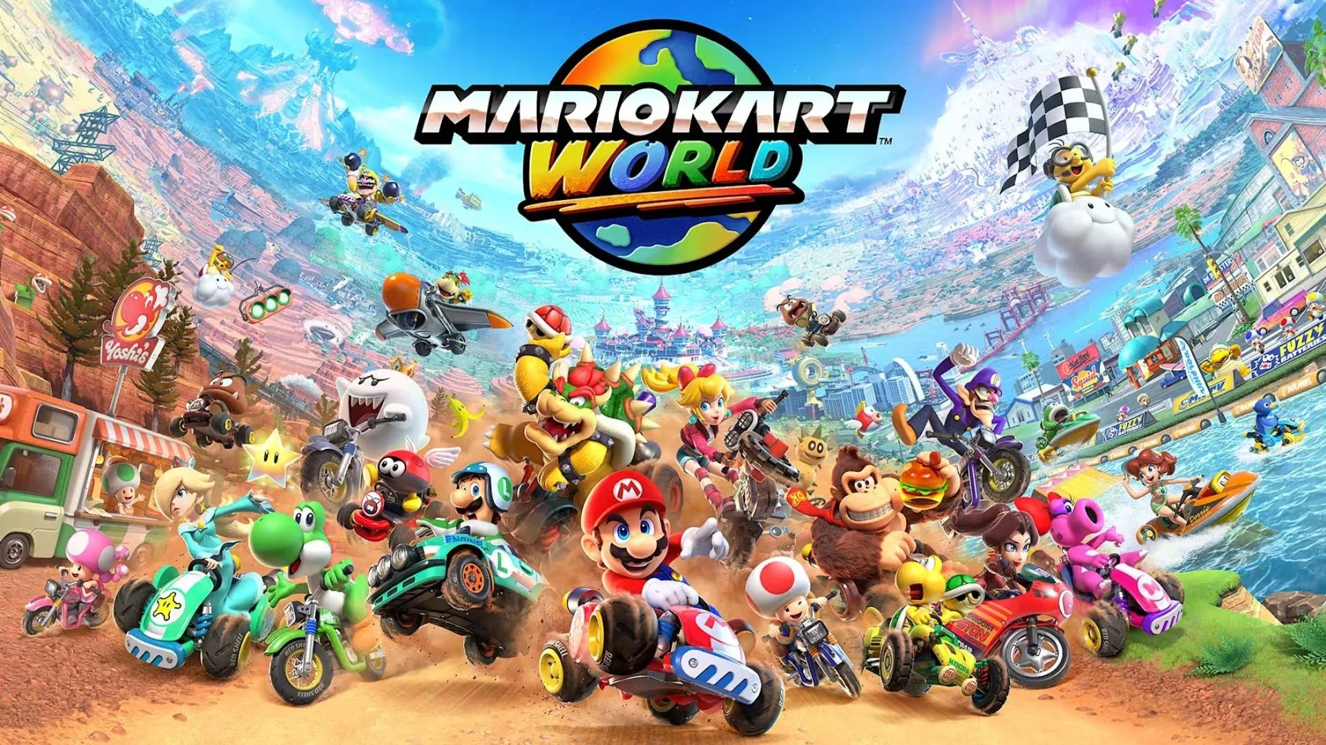 Cảnh đua trong Mario Kart World với nhiều xe kart và môi trường tươi sáng.