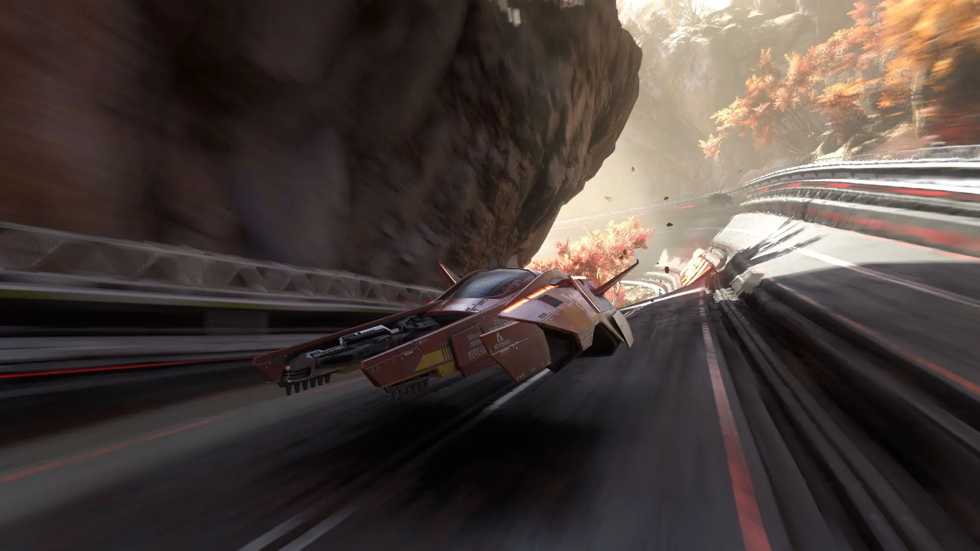 Cảnh game FAST Fusion với một chiếc xe đua tương lai trên đường đua rực rỡ.