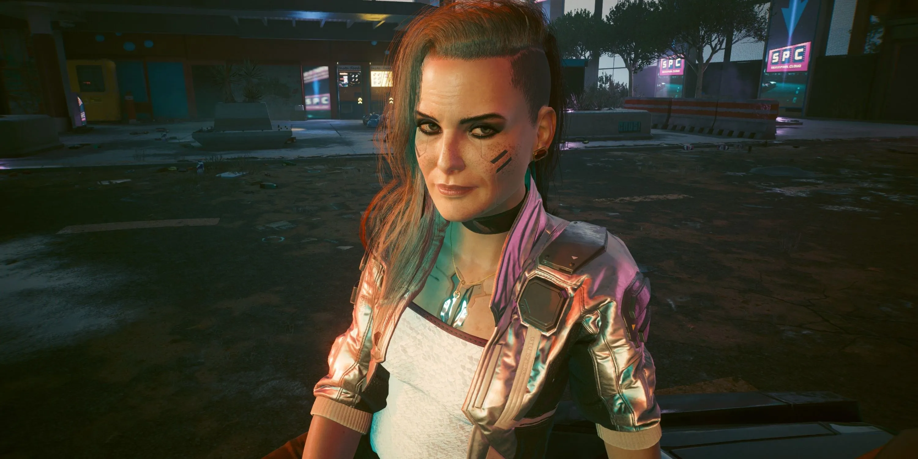Cảnh lãng mạn với nhân vật Rogue trong Cyberpunk 2077.