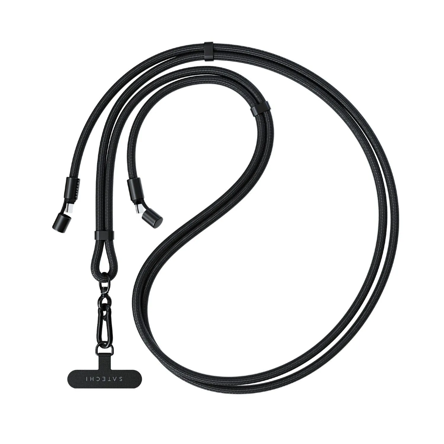 Cáp đeo cổ USB-C Satechi OntheGo màu đen, thiết kế bện mềm mại với móc khóa carabiner, cho thấy khả năng vừa là phụ kiện thời trang vừa là cáp sạc tiện dụng.