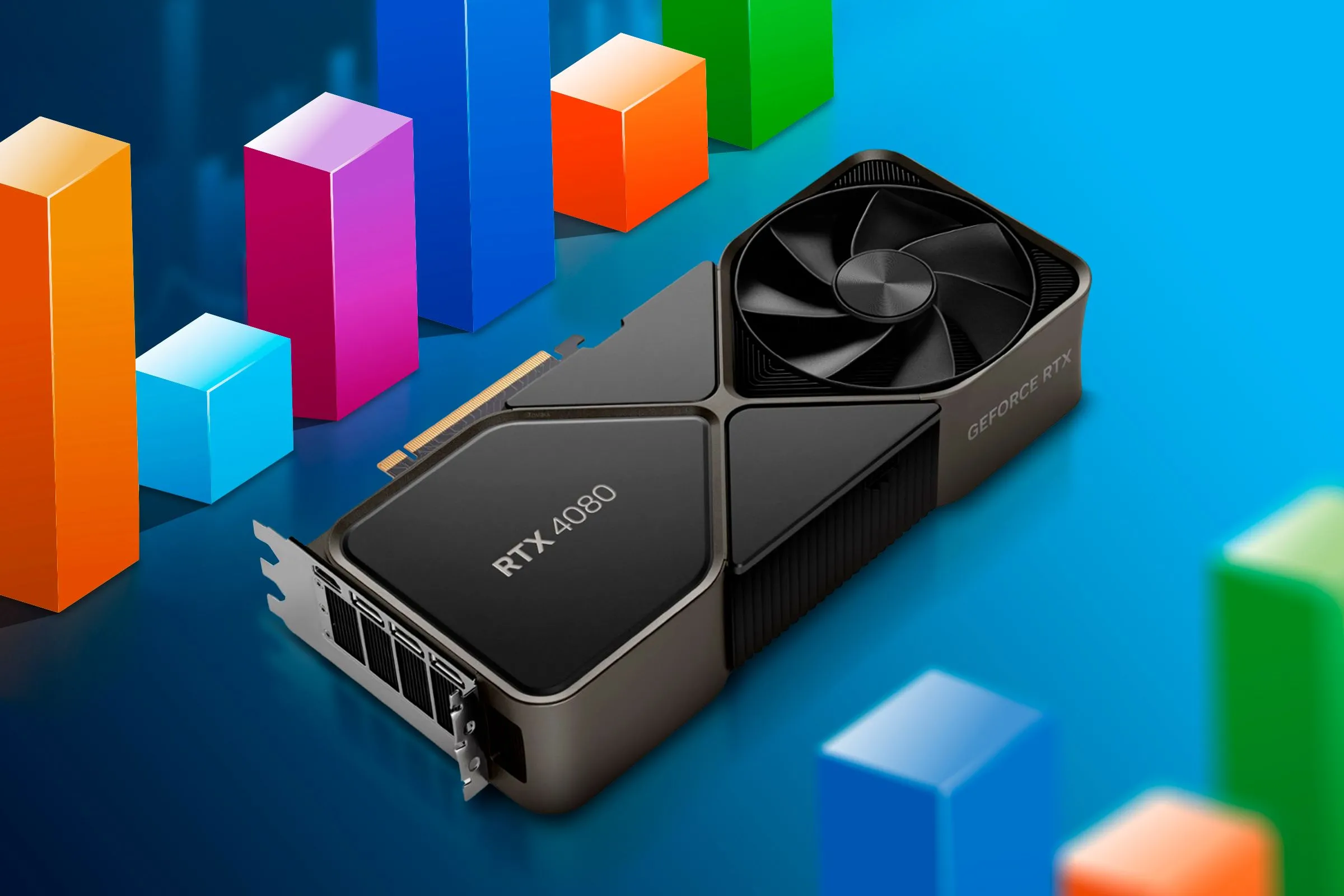 Card đồ họa hiển thị cùng các biểu đồ kết quả benchmark
