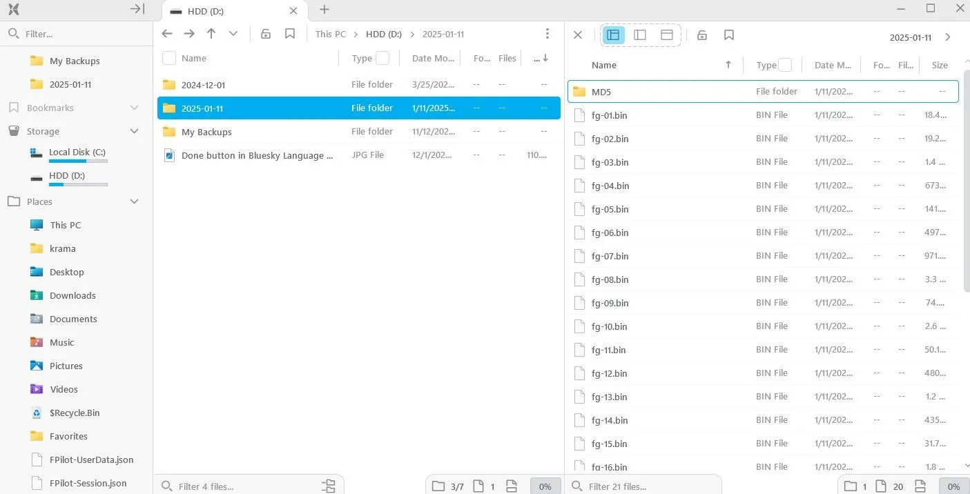 Chế độ Inspector của ứng dụng File Pilot, hiển thị nội dung xem trước của một thư mục hoặc tệp hình ảnh ở khung bên phải.