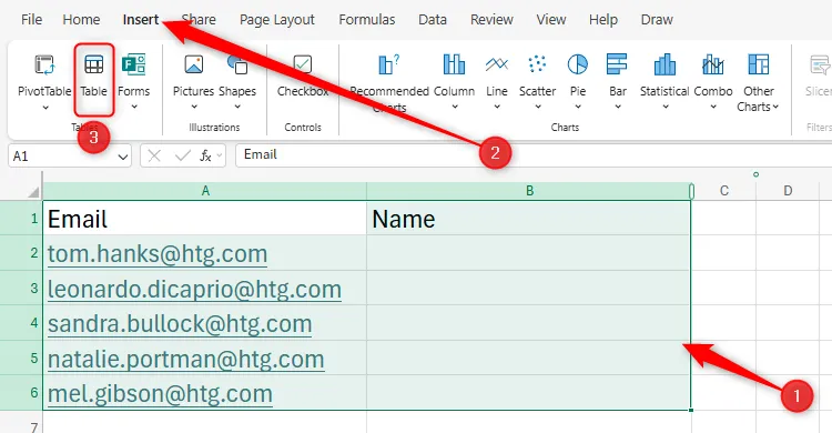 Chọn dữ liệu trong Excel for the Web và nhấn nút 'Table' trong tab Insert để chuyển đổi sang định dạng bảng.