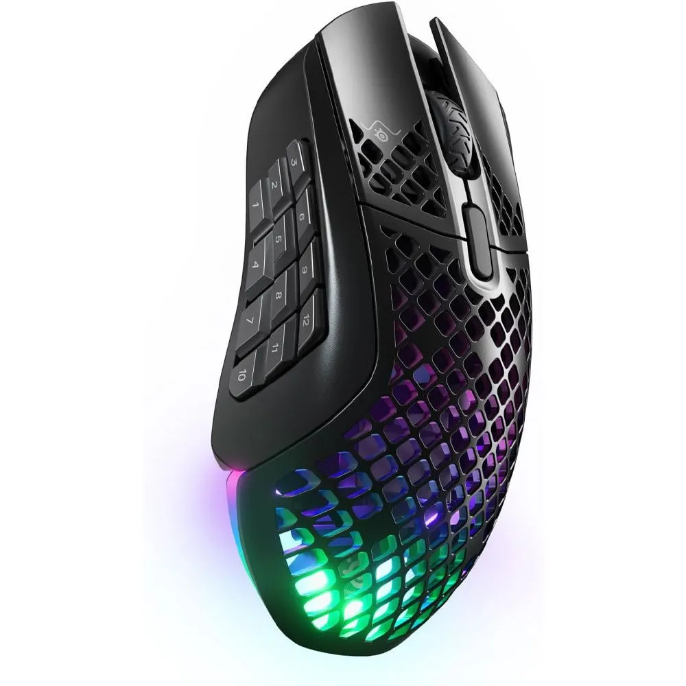 Chuột gaming không dây SteelSeries Aerox 9 Wireless màu đen với thiết kế siêu nhẹ và nhiều nút bấm bên hông, là lựa chọn lý tưởng cho các game thủ chuyên nghiệp.