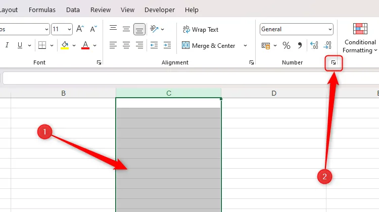 Cột C được chọn trong bảng tính Excel, với công cụ khởi chạy hộp thoại &quot;Number Format&quot; được làm nổi bật trên tab Home.