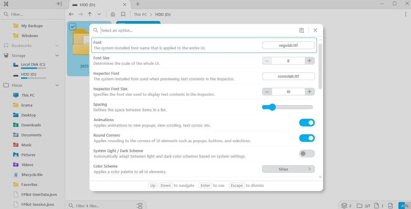 Cửa sổ Tùy chọn của File Pilot, nơi người dùng có thể cá nhân hóa giao diện, font chữ, hiệu ứng động và các thiết lập hiển thị khác.