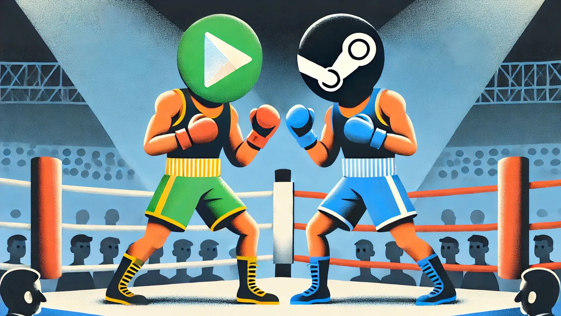 Cuộc đối đầu căng thẳng giữa hai gã khổng lồ: Google Play Games và Steam, tượng trưng cho cuộc chiến giành thị phần game PC.