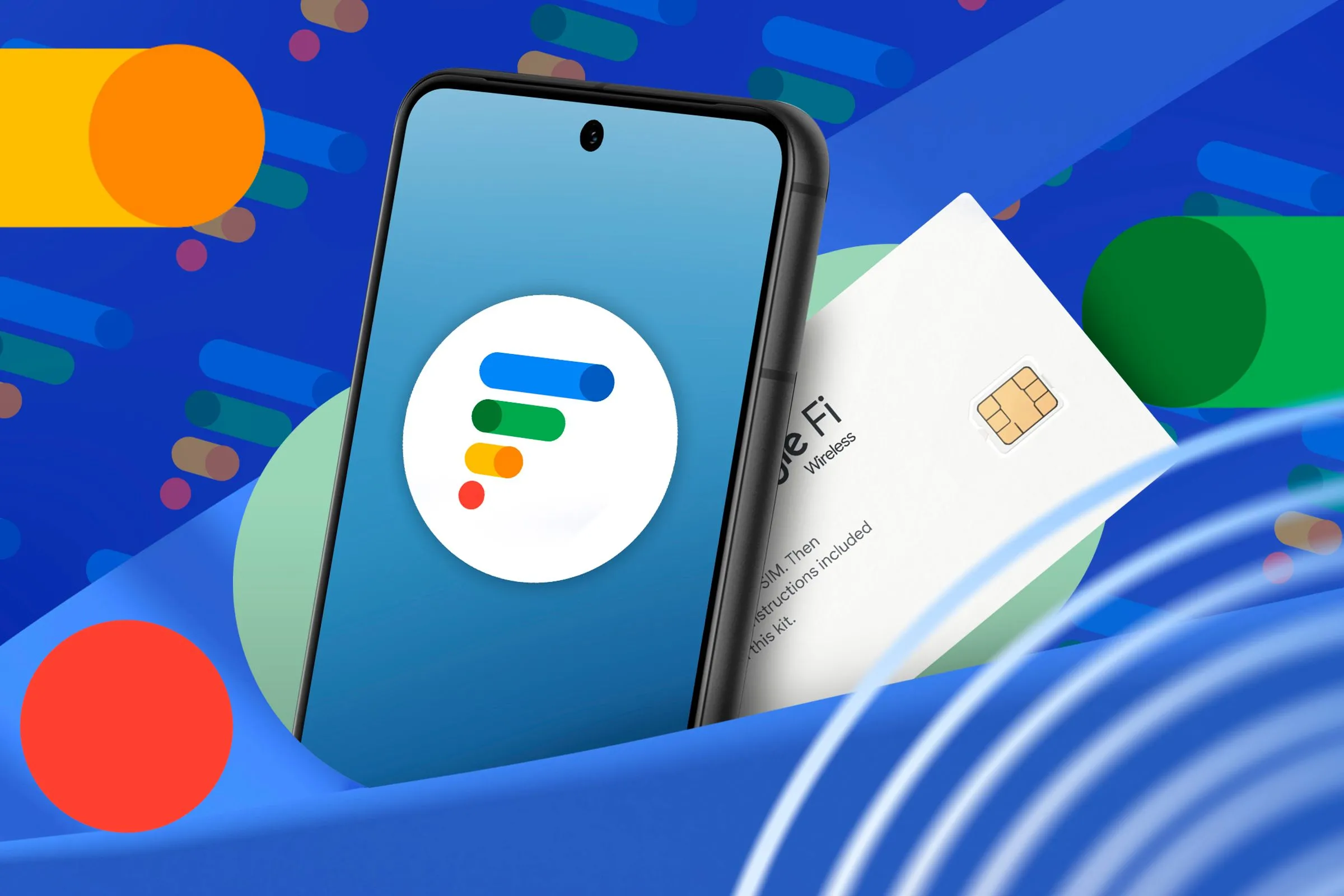 Điện thoại hiển thị logo Google Fi cạnh một thẻ SIM Google Fi