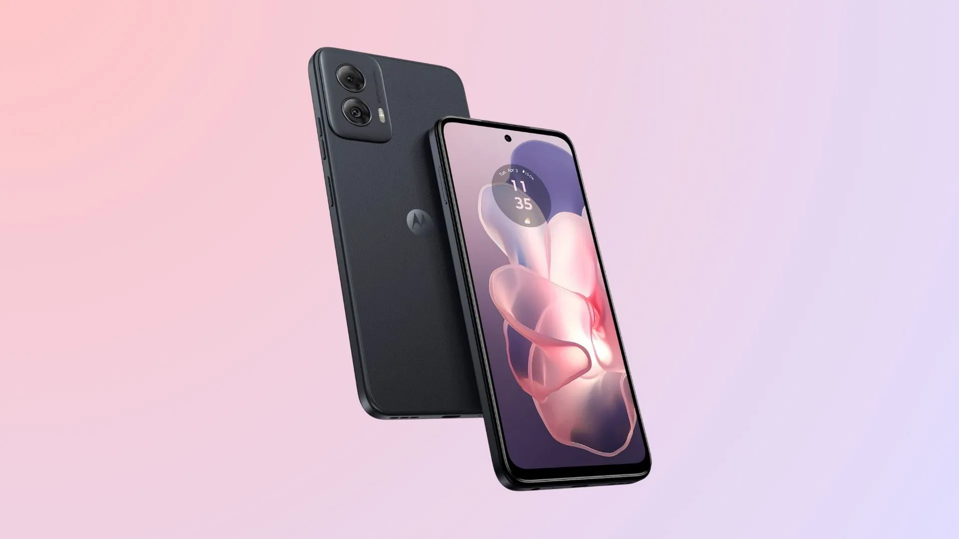Điện thoại Moto G Power 2024 màu đen Midnight, được đặt trên một bề mặt phẳng, cho thấy mặt lưng giả da độc đáo và cụm camera sau, minh họa cho khả năng pin vượt trội của dòng điện thoại Android giá rẻ này.