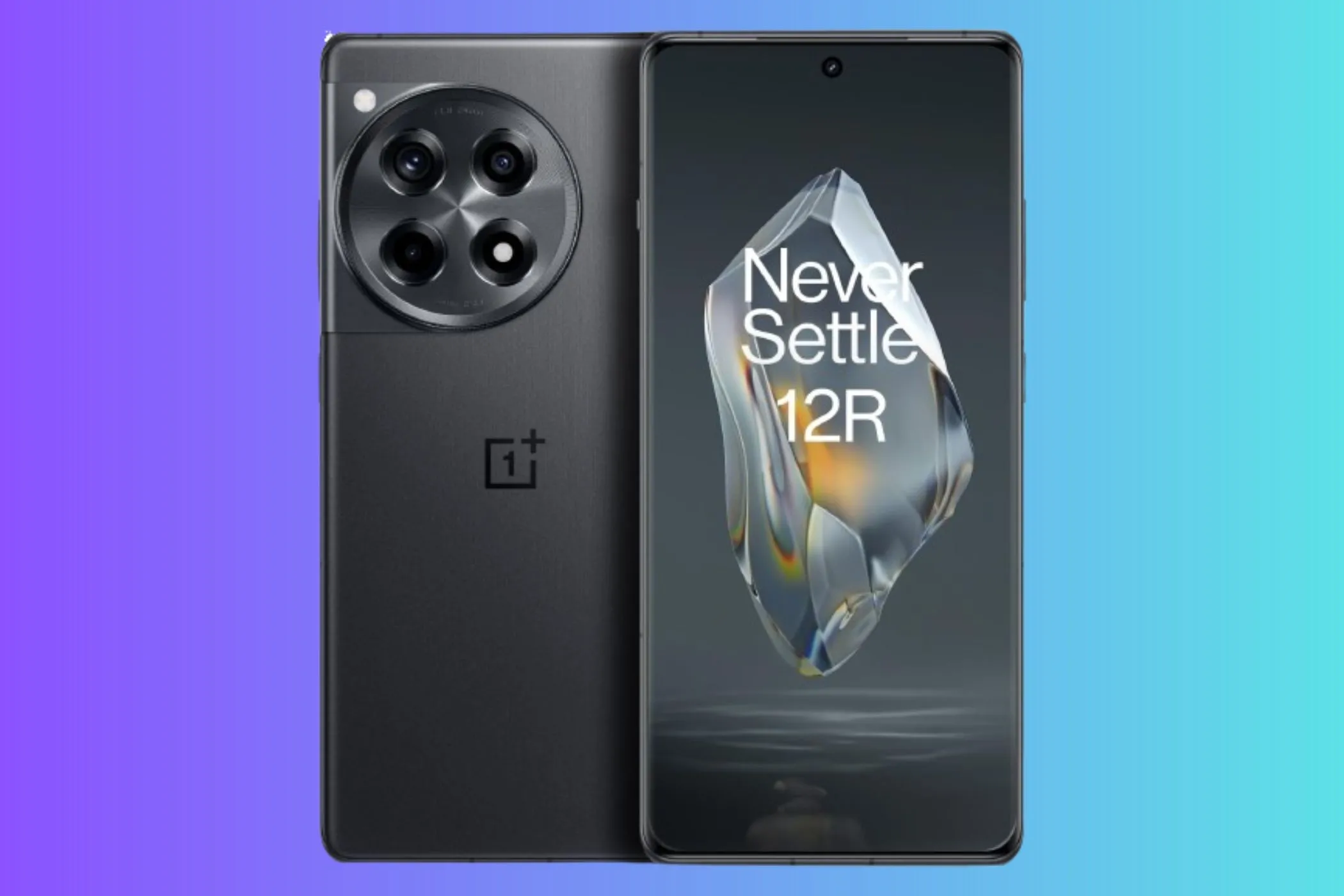 Điện thoại OnePlus 12R màu xám Iron Gray, đặt trên nền chuyển màu, khoe thiết kế mặt lưng bóng bẩy và mô-đun camera tròn độc đáo, thể hiện hiệu năng cao trong phân khúc điện thoại Android giá dưới 12 triệu.
