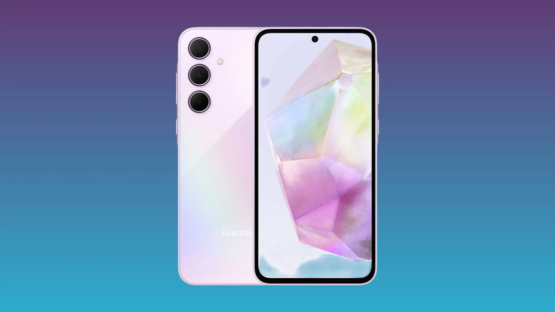 Điện thoại Samsung Galaxy A35 màu xanh pastel, hiển thị màn hình chính với biểu tượng ứng dụng, nổi bật với thiết kế camera không viền và lớp hoàn thiện mặt lưng kính tinh tế, thể hiện sự sang trọng của dòng điện thoại Android giá rẻ.