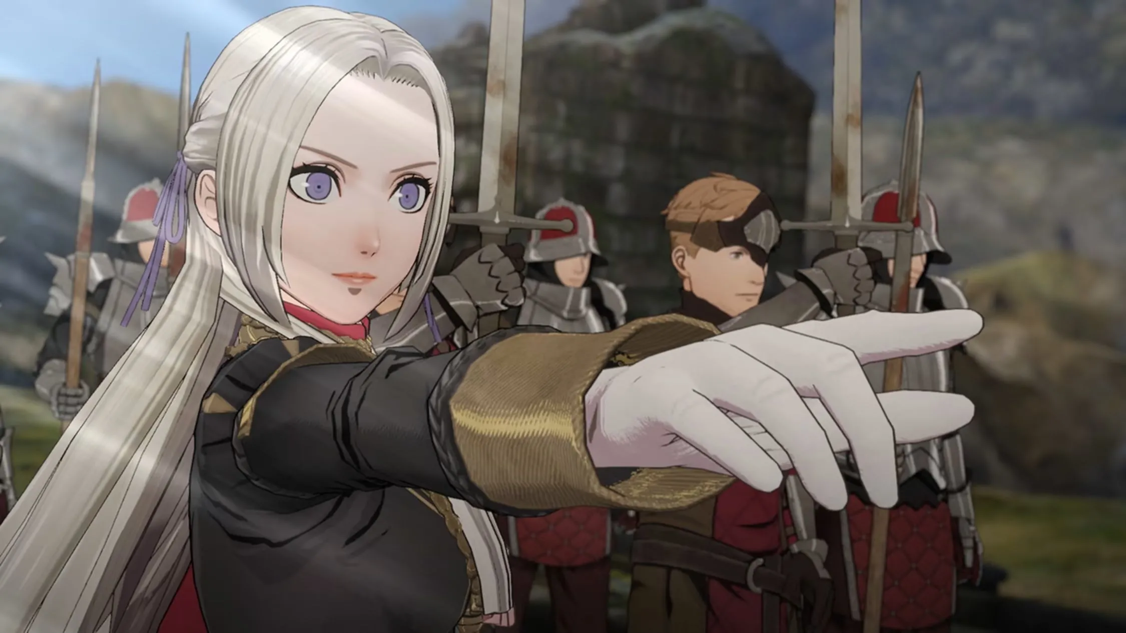 Edelgard đang chỉ tay trong cảnh game Fire Emblem Three Houses, biểu tượng của chiến thuật và cốt truyện sâu sắc