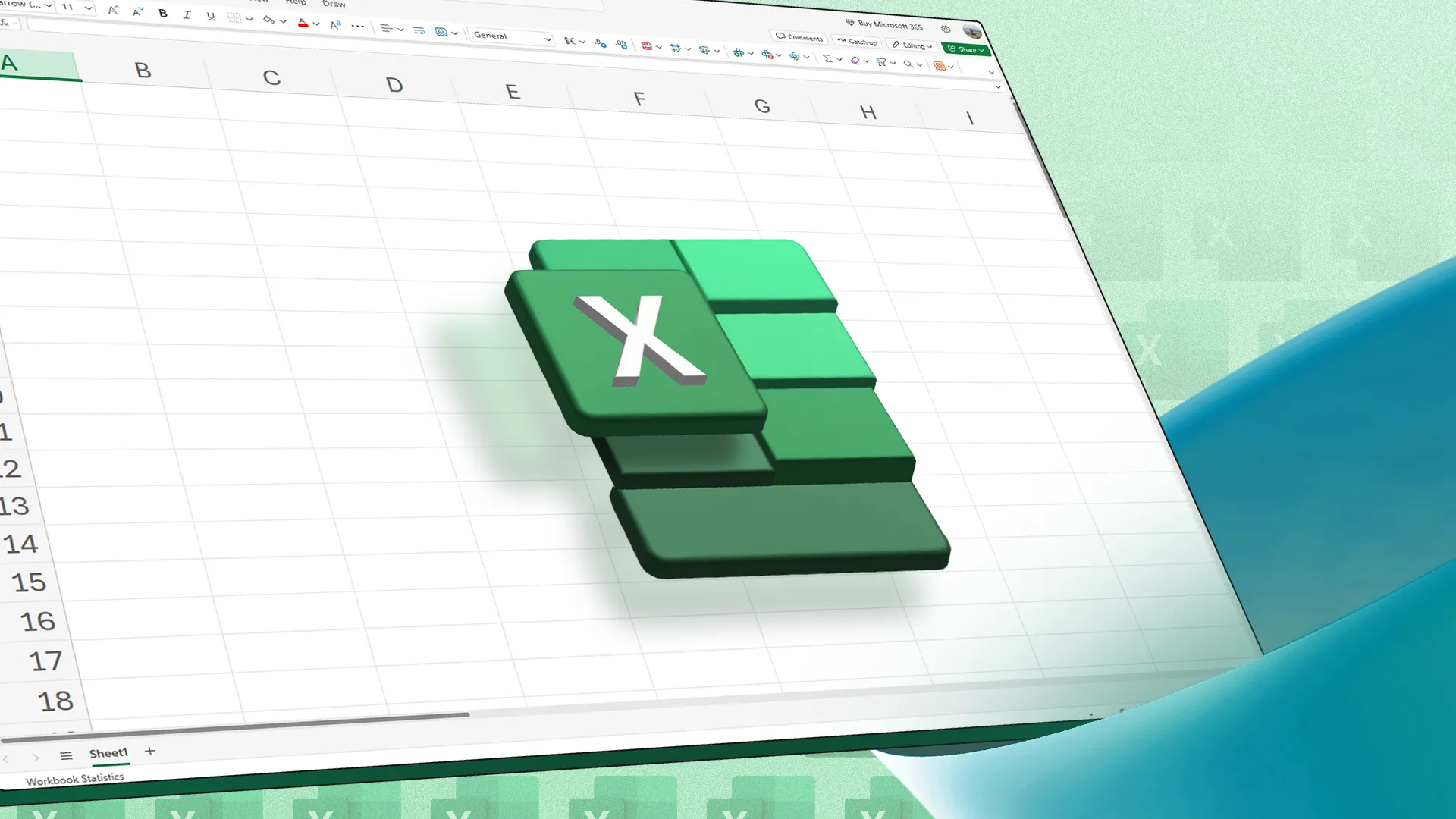 Excel logo in front of an empty spreadsheet.