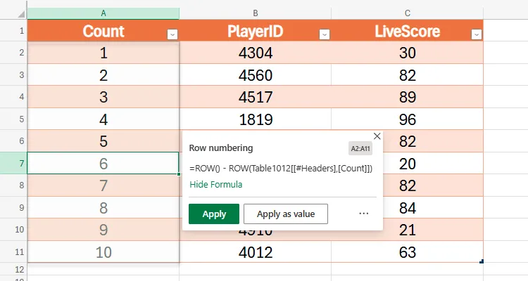 Formula by Example trong Excel for the Web đề xuất công thức tạo danh sách số thứ tự tự động trong bảng.