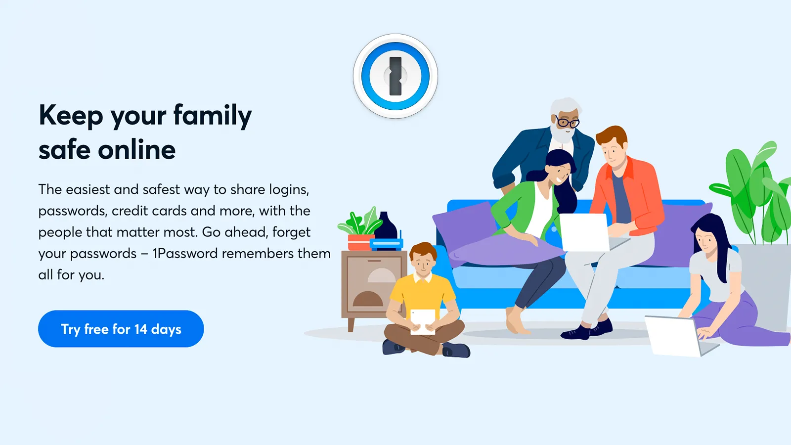 Gia đình sử dụng 1Password minh họa tính năng chia sẻ mật khẩu an toàn cho các thành viên.