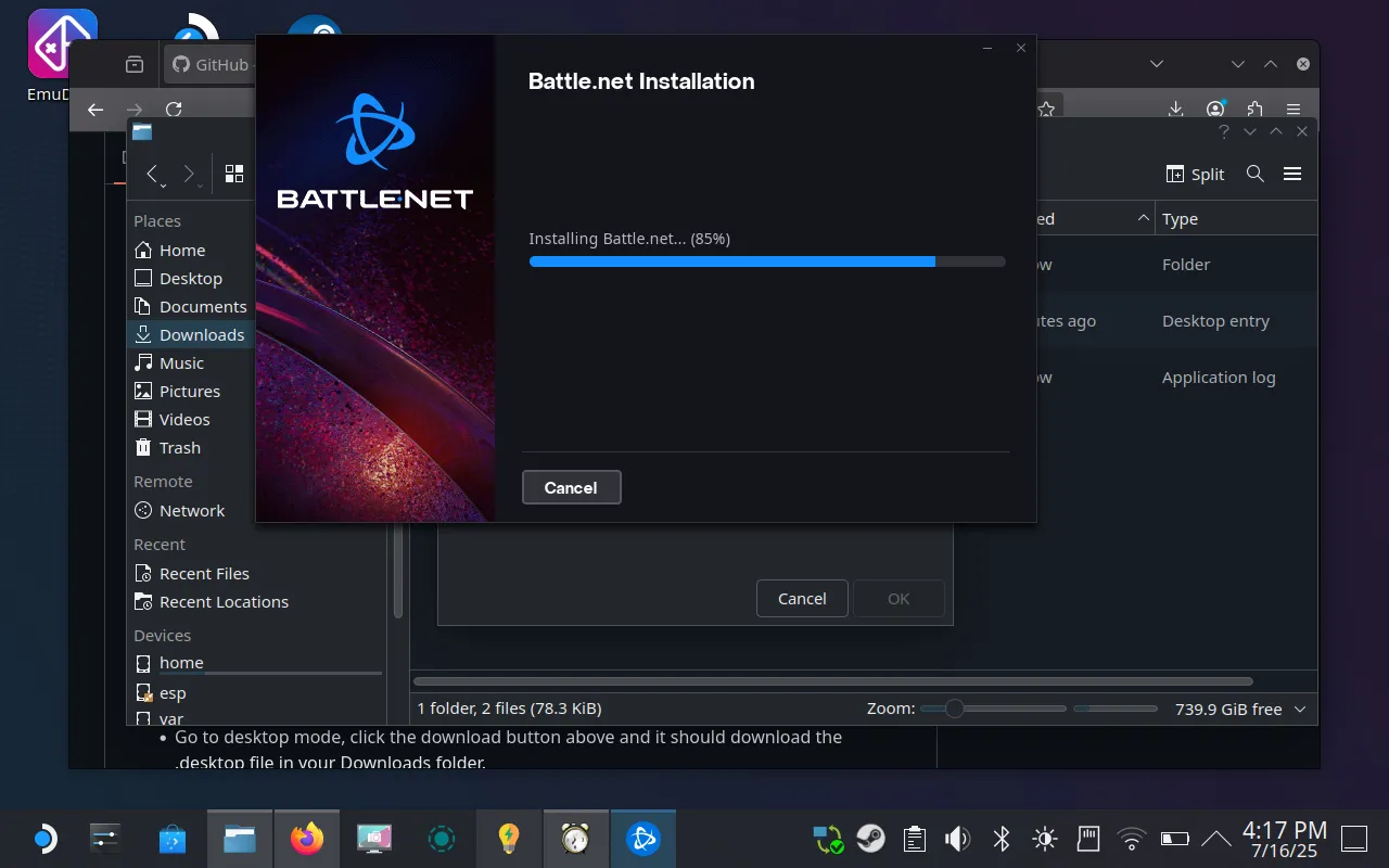 Giao diện cài đặt Battle.net tự động xuất hiện trong quá trình cài đặt trên Steam Deck.