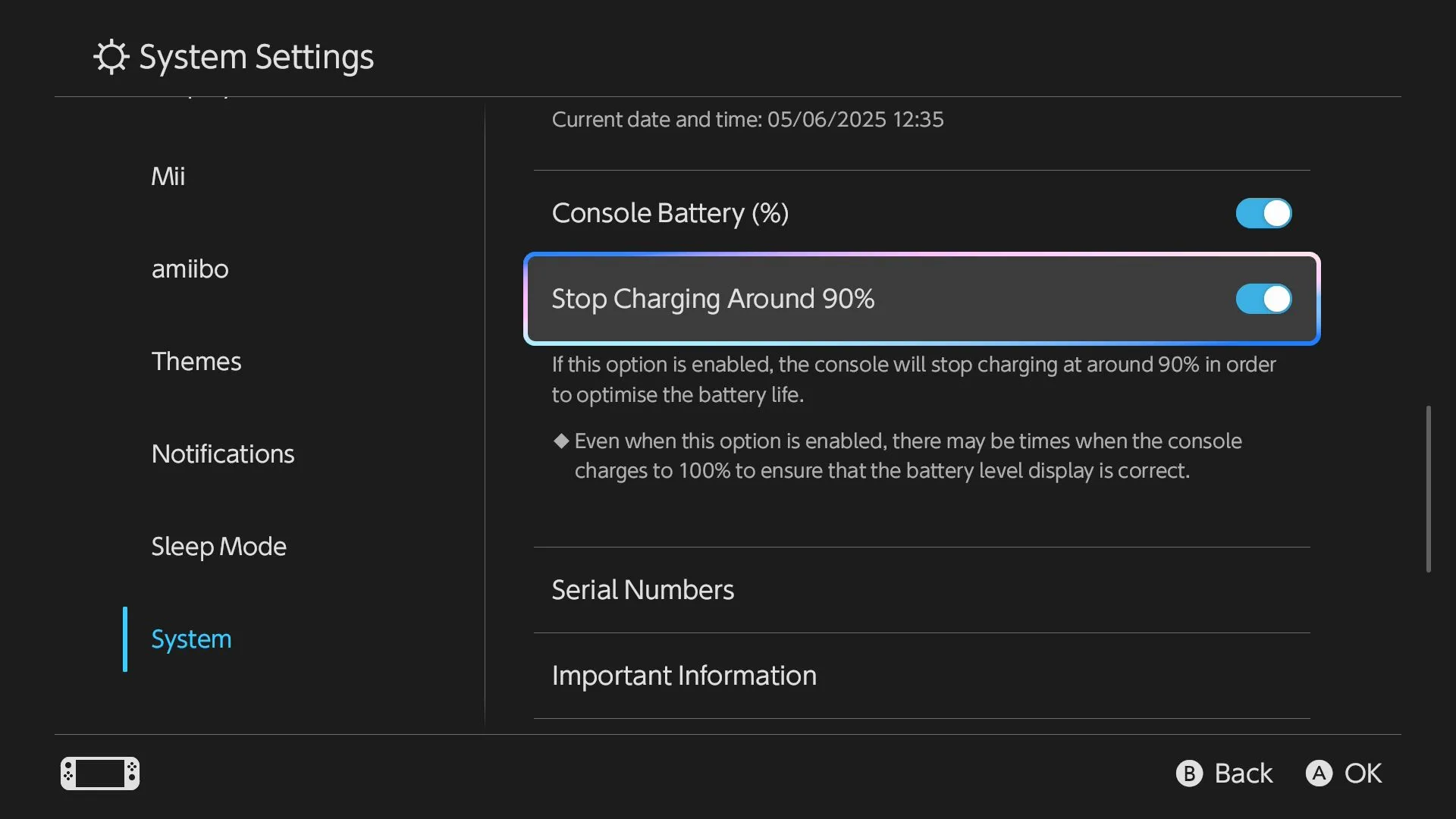 Giao diện cài đặt Stop Charging at Around 90% trên Nintendo Switch 2
