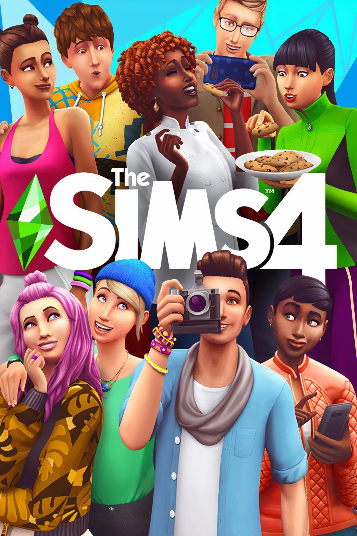 Giao diện chính của The Sims 4 với các nhân vật Sims đa dạng đang sinh hoạt trong môi trường gia đình, thể hiện tính năng mô phỏng cuộc sống.