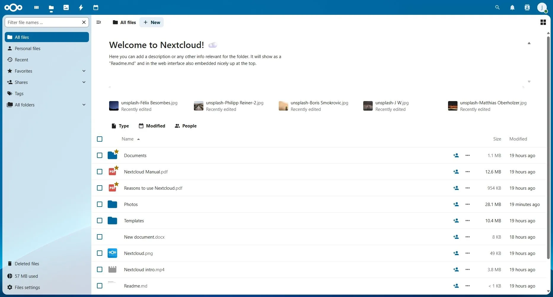 Giao diện chính Nextcloud Files hiển thị các thư mục và tệp tin được sắp xếp gọn gàng